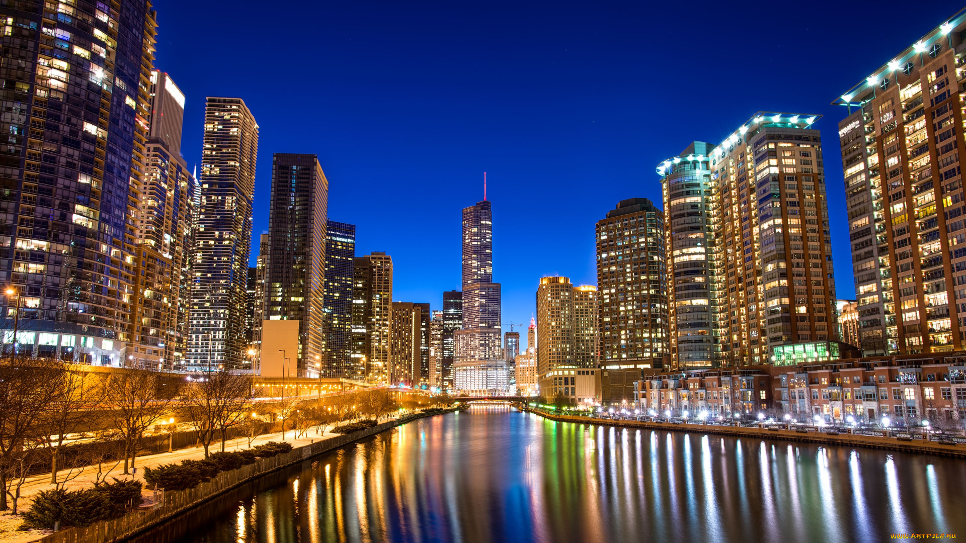chicago, города, Чикаго, сша, ночной, город, блики, набережная, здания, небоскрёбы, река