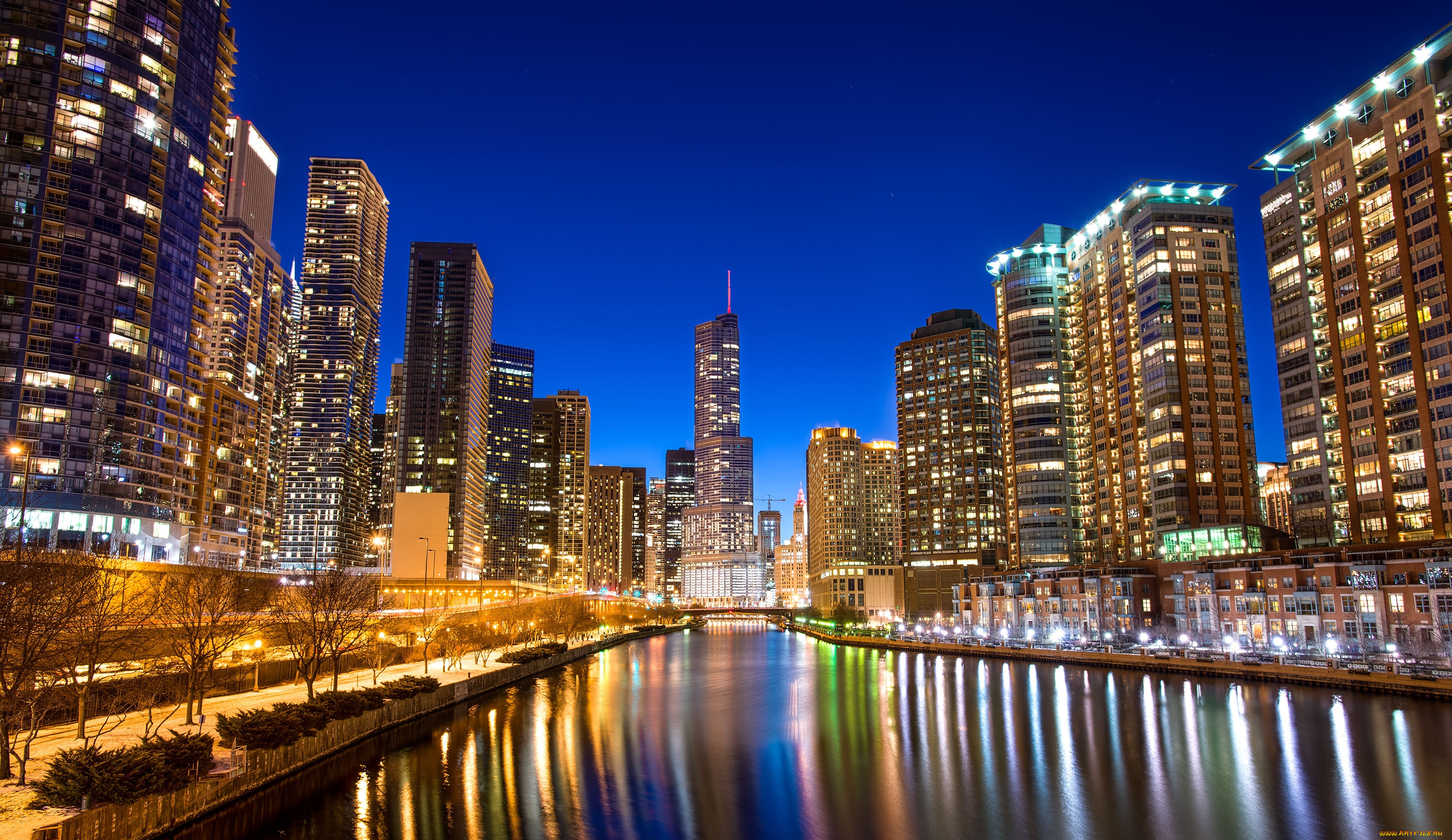 chicago, города, Чикаго, сша, ночной, город, блики, набережная, здания, небоскрёбы, река
