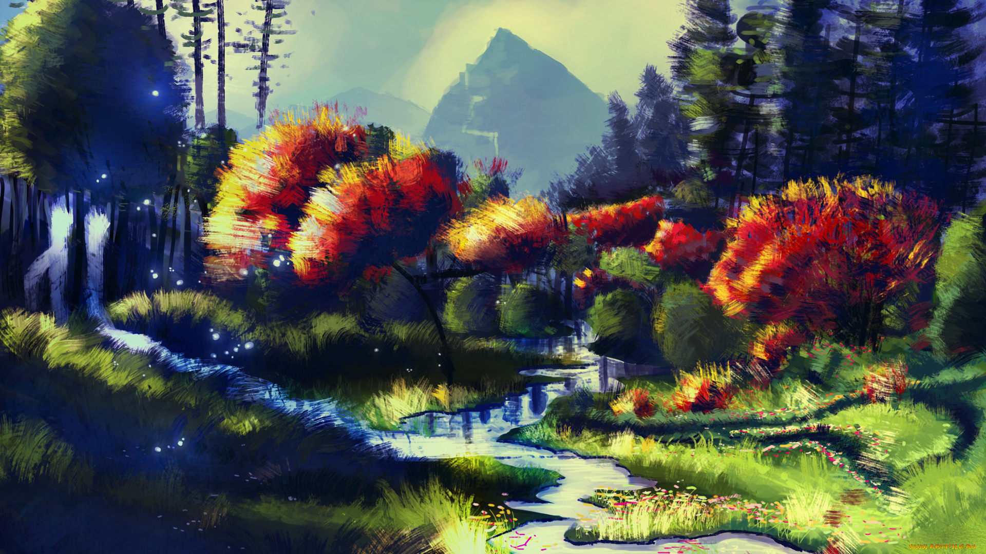 рисованное, природа, деревья, река, осень, пейзаж