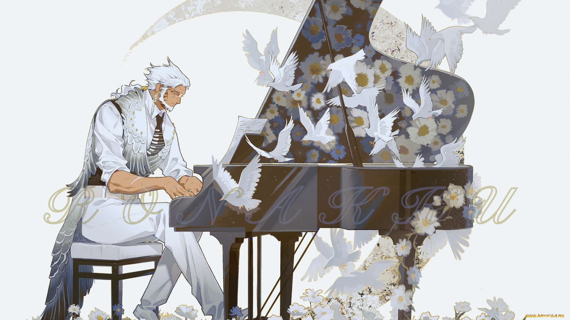 аниме, музыка, мужчина, крылья, рояль, голуби, цветы