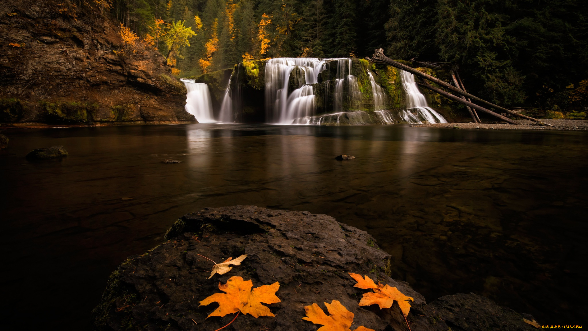 природа, водопады, осень, водопад, осенние, листья
