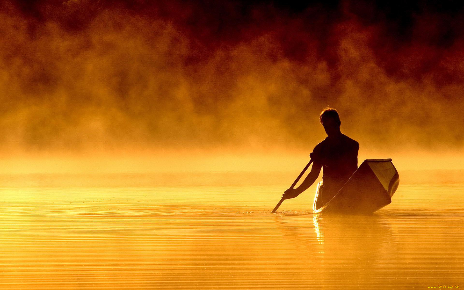 мужчины, -unsort, лодка, весло, озеро, туман, заря