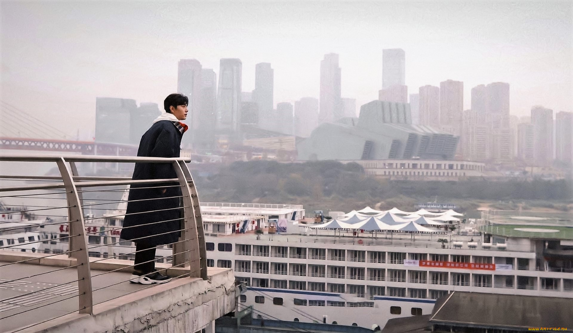 мужчины, xiao, zhan, актер, плащ, балкон, панорама