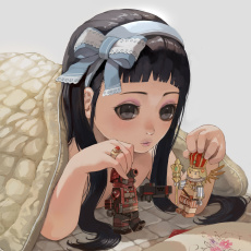 Картинка аниме *unknown+ другое играет каштановые волосы кольцо робот одеяло бант настроение ребёнок куклы печатка подушка король девочка