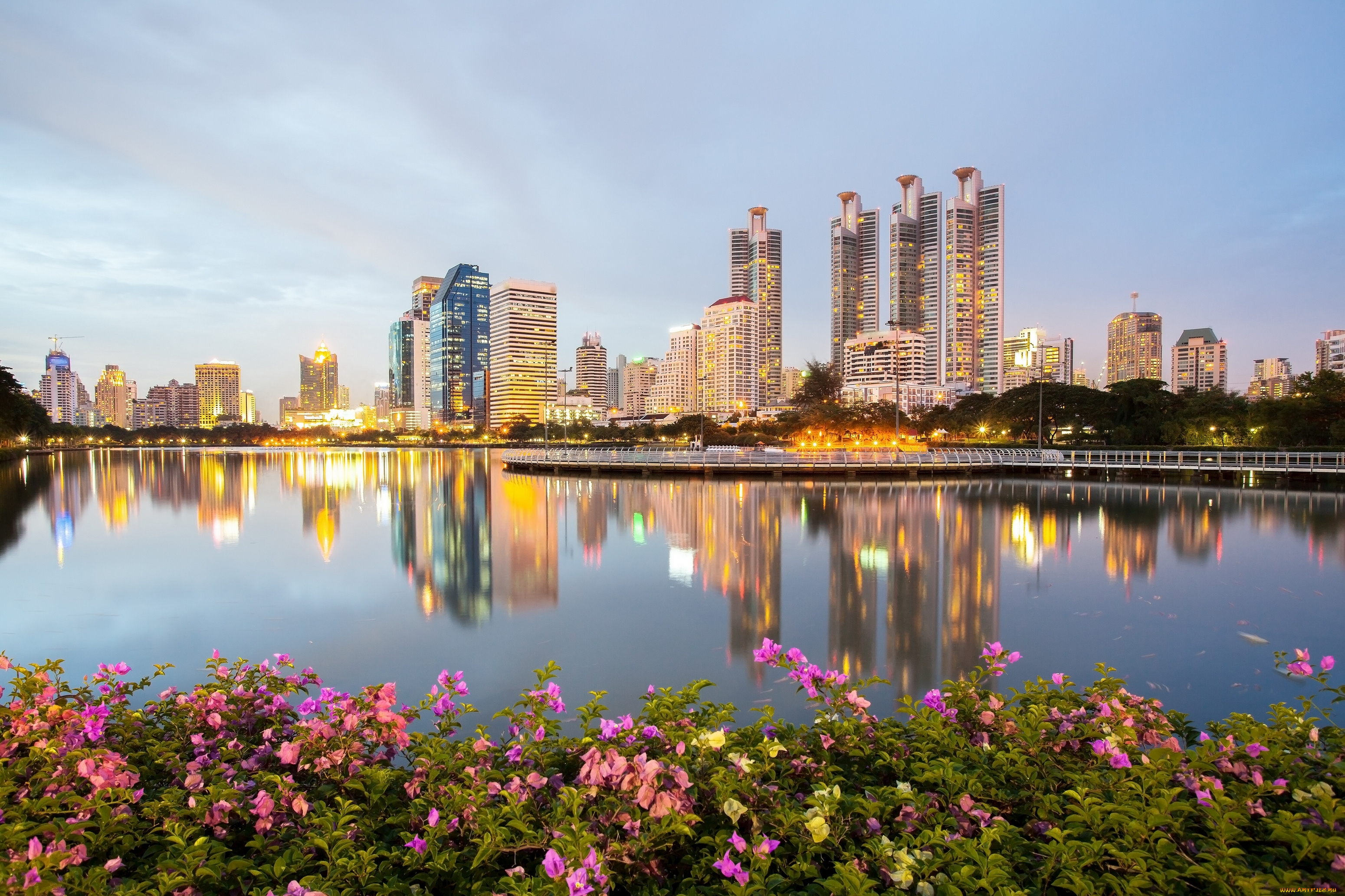 города, вода, отражение, парк, кусты, шиповник, здания, небоскрёбы, набережная, bangkok, thailand