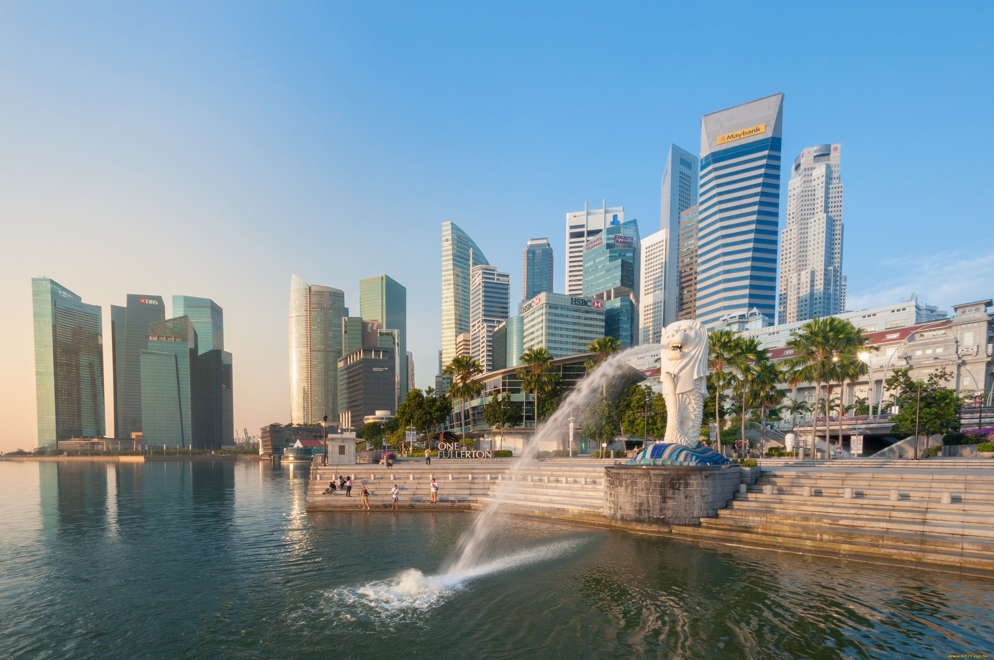 merlion, fountain, , singapore, города, сингапур, , сингапур, merlion, fountain, marina, bay, singapore, фонтан, залив, набережная, лестница, здания, небоскрёбы