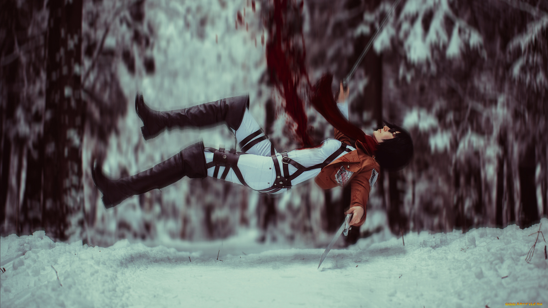 разное, cosplay, , косплей, аниме, деревья, кровь, зима, девушка, shingeki, no, kyojin, атака, титанов, снег, mikasa, ackerman, микаса, аккерман