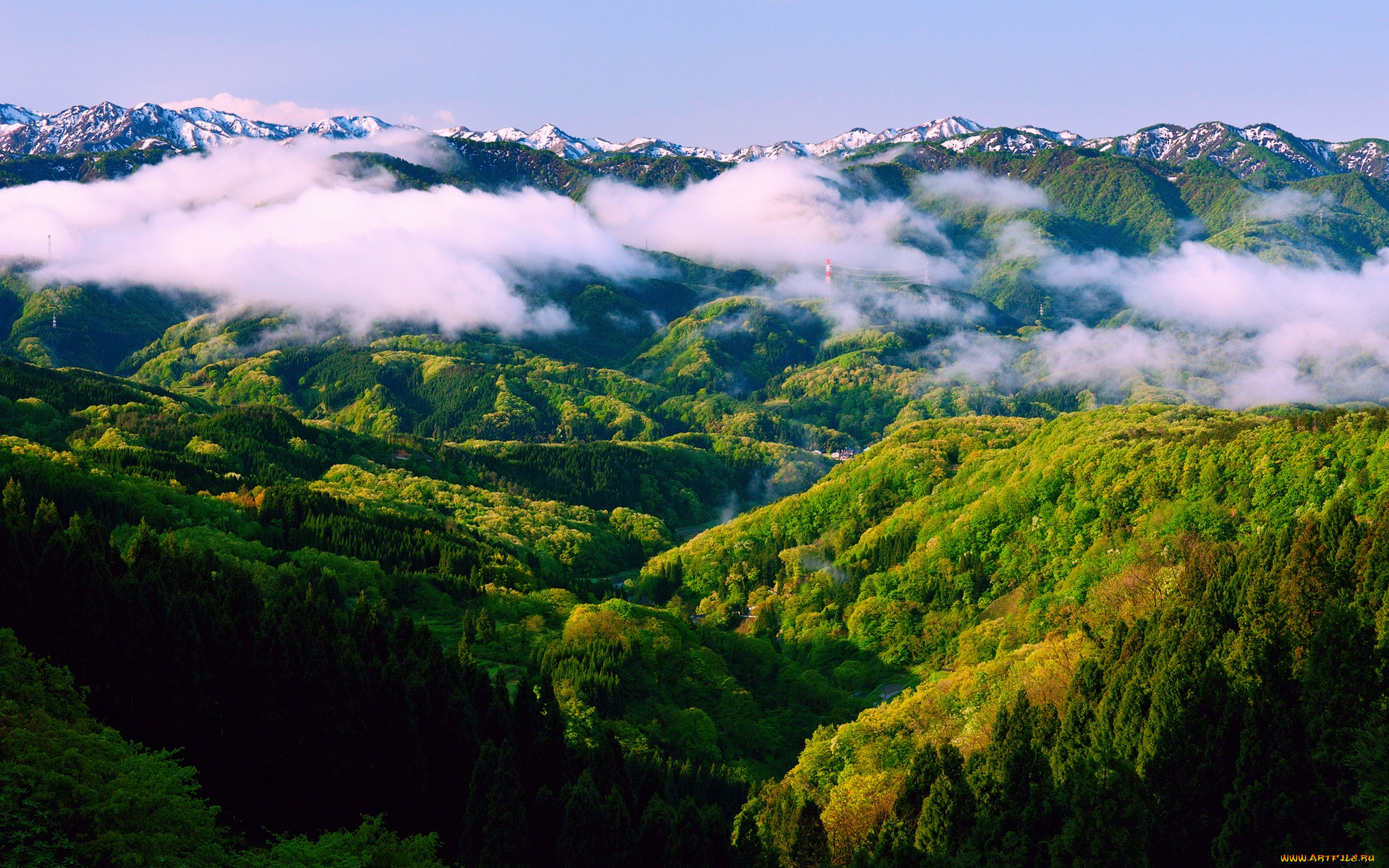 природа, горы, зелень, леса, облака