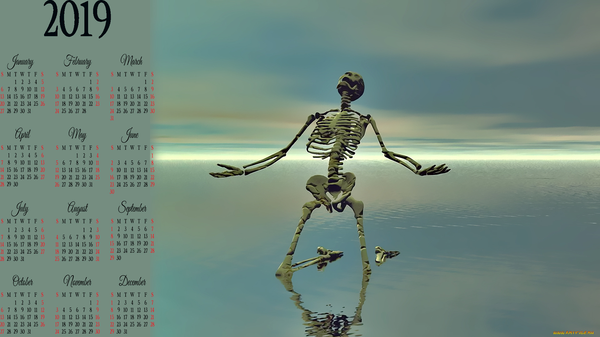 календари, 3д-графика, скелет, отражение, водоем