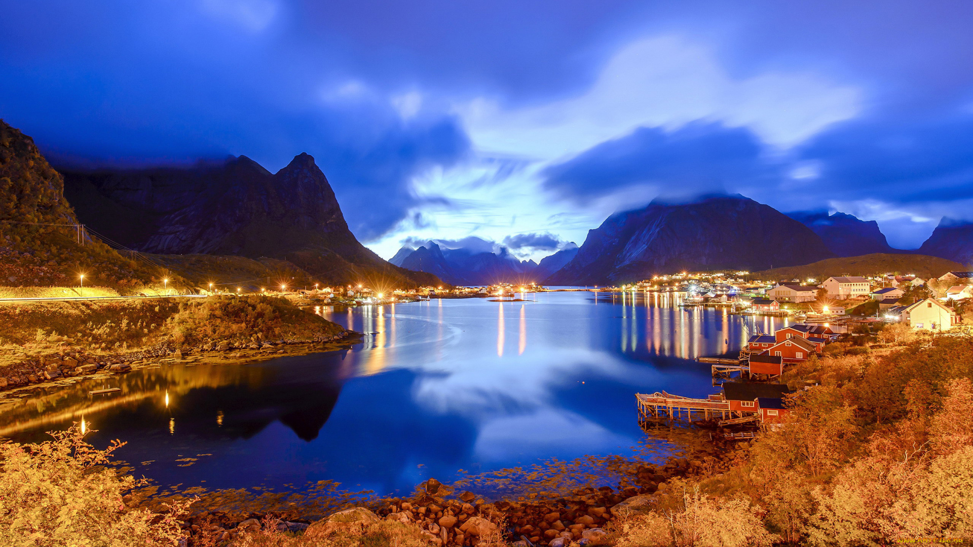 норвегия, , лофотенские, острова, города, -, огни, ночного, города, горы, залив, вечер, огни