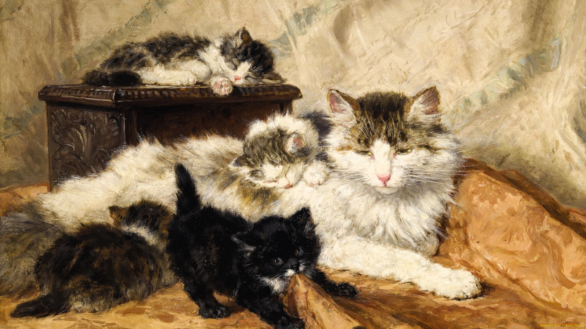 рисованное, henriette, ronner-knip, кошка, котята, шкатулка, ткань