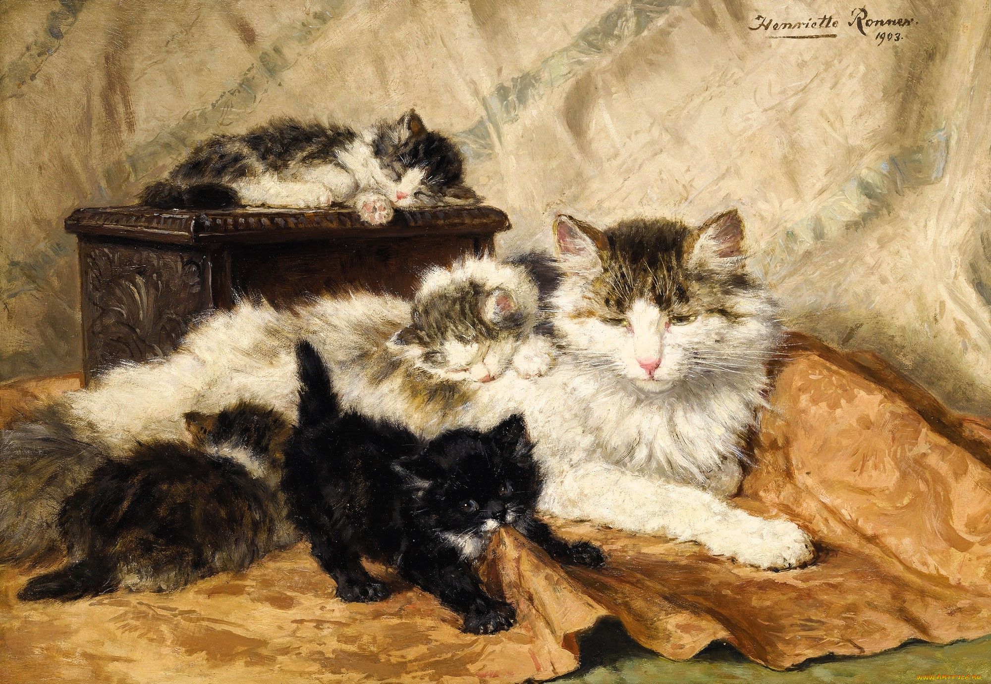 рисованное, henriette, ronner-knip, кошка, котята, шкатулка, ткань