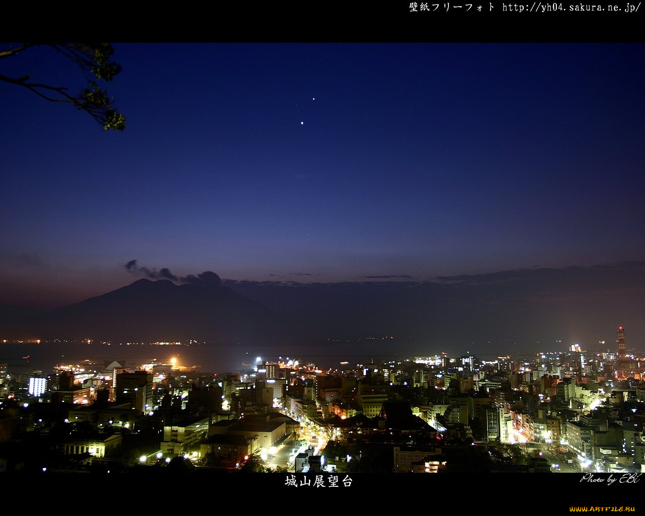 города, огни, ночного, kagoshima, japan