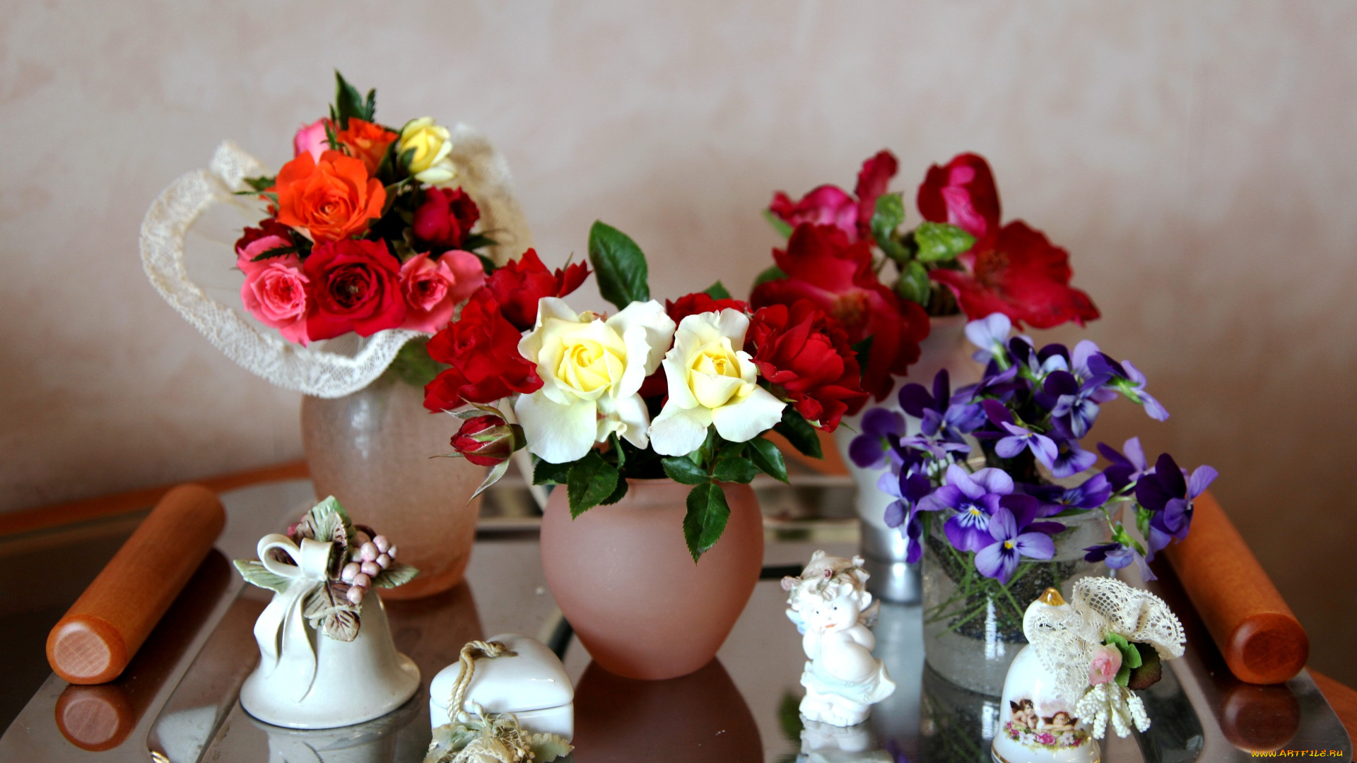цветы, разные, вместе, розы, виола, колокольчик, поднос, фарфор