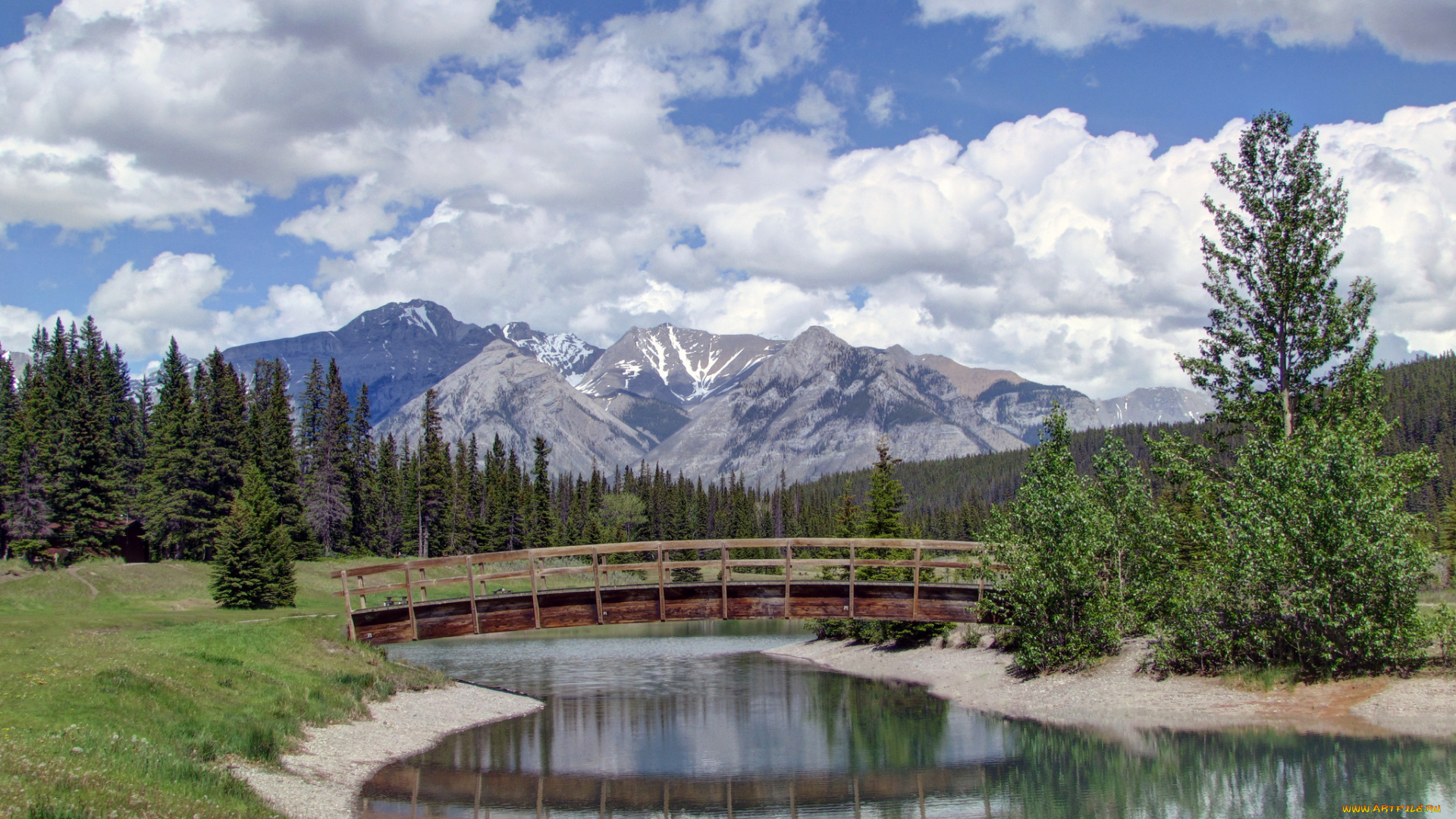 cascade, ponds, banff, national, park, alberta, canada, природа, реки, озера, пруд, банф, альберта, канада, мост, горы, лес, деревья