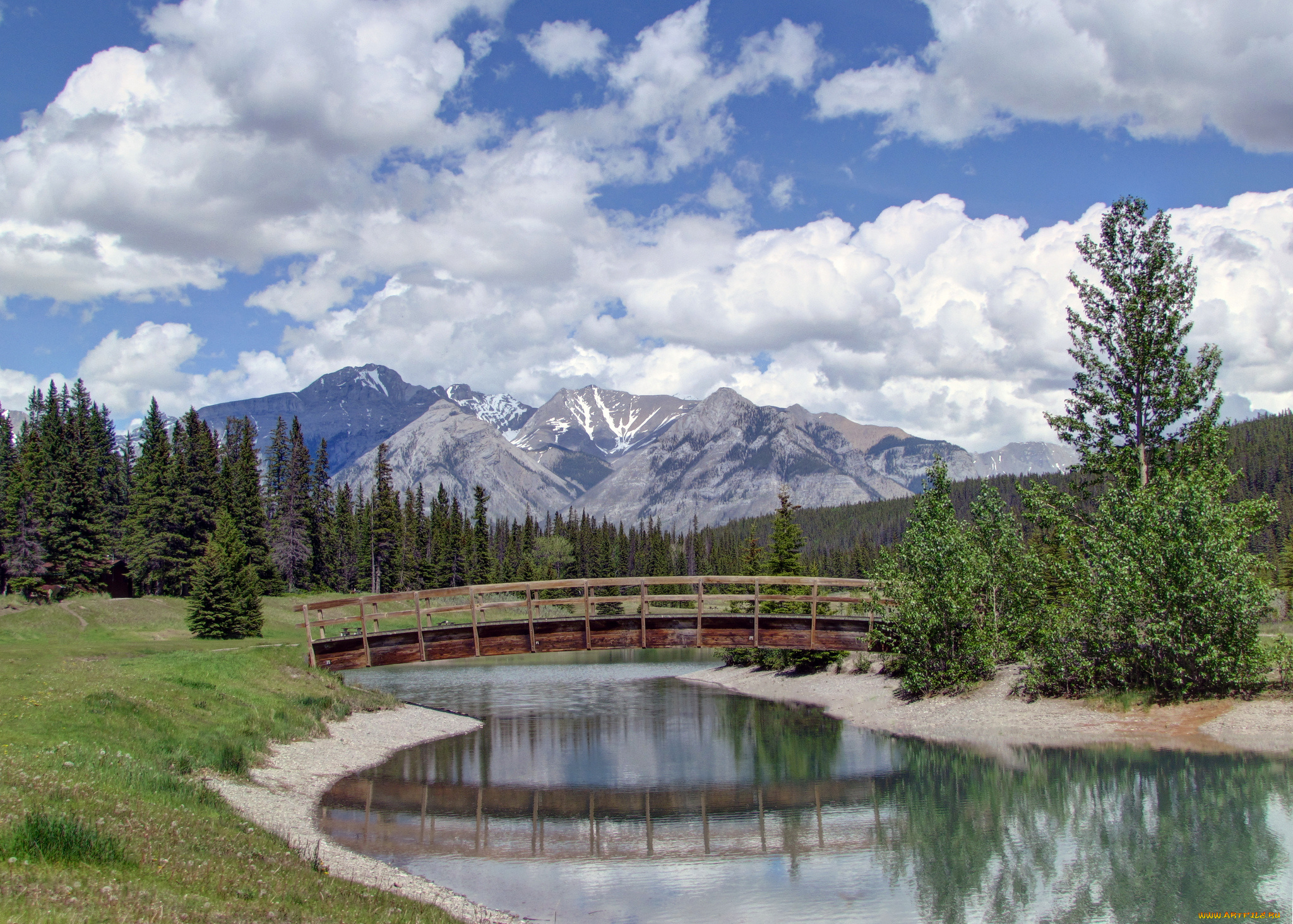 cascade, ponds, banff, national, park, alberta, canada, природа, реки, озера, пруд, банф, альберта, канада, мост, горы, лес, деревья