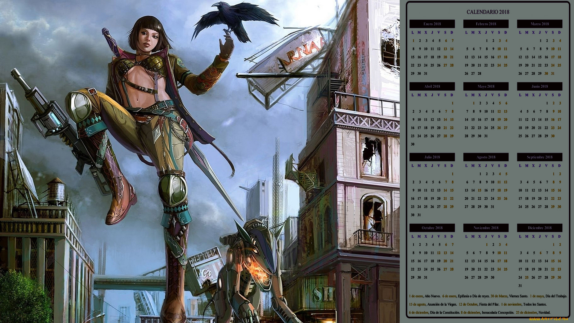 календари, фэнтези, девушка, оружие, птица, здание