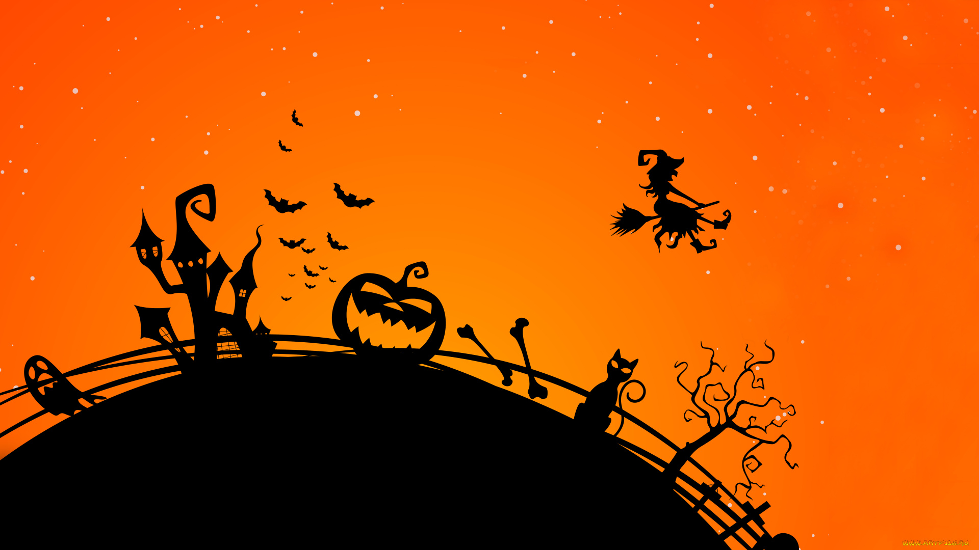 праздничные, хэллоуин, кресты, кости, привидение, кот, helloween, силуэты, ведьма, тыквы, метла, дом, изгородь, забор, летучие, мыши