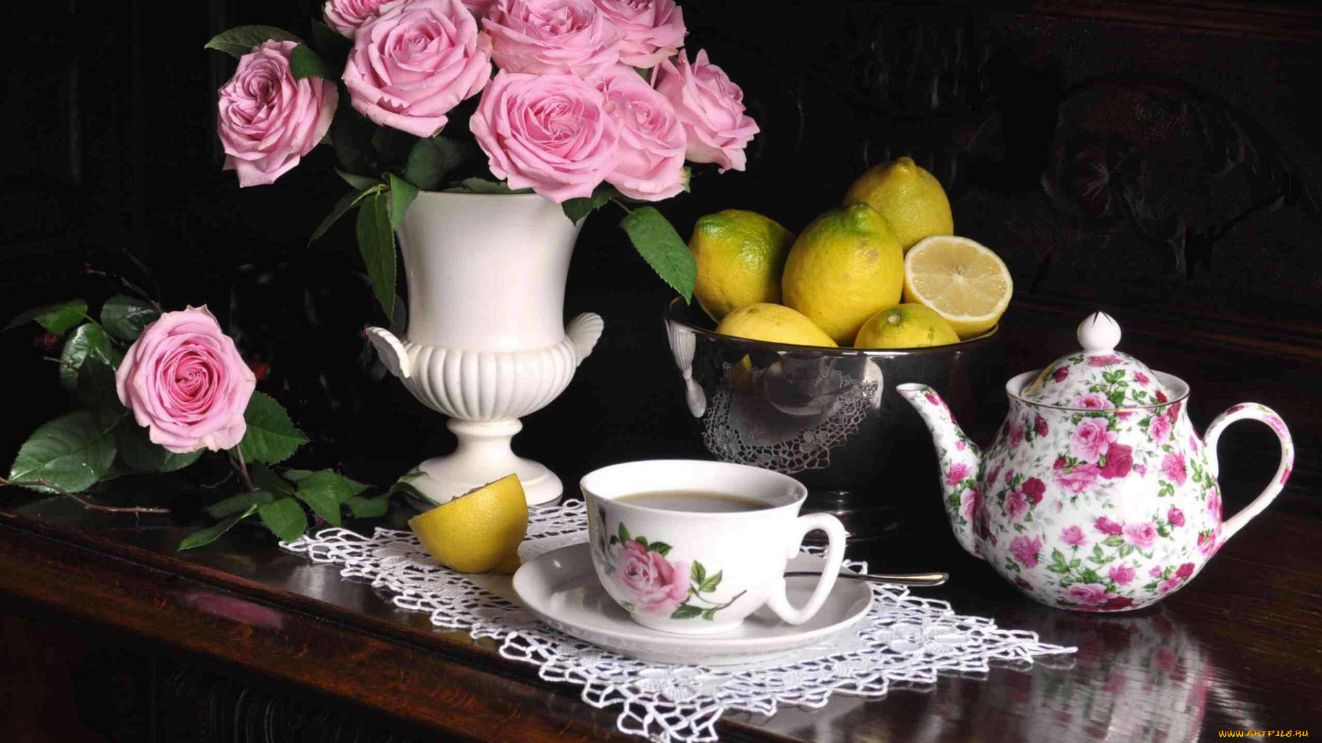 еда, натюрморт, цветы, чай, лимоны