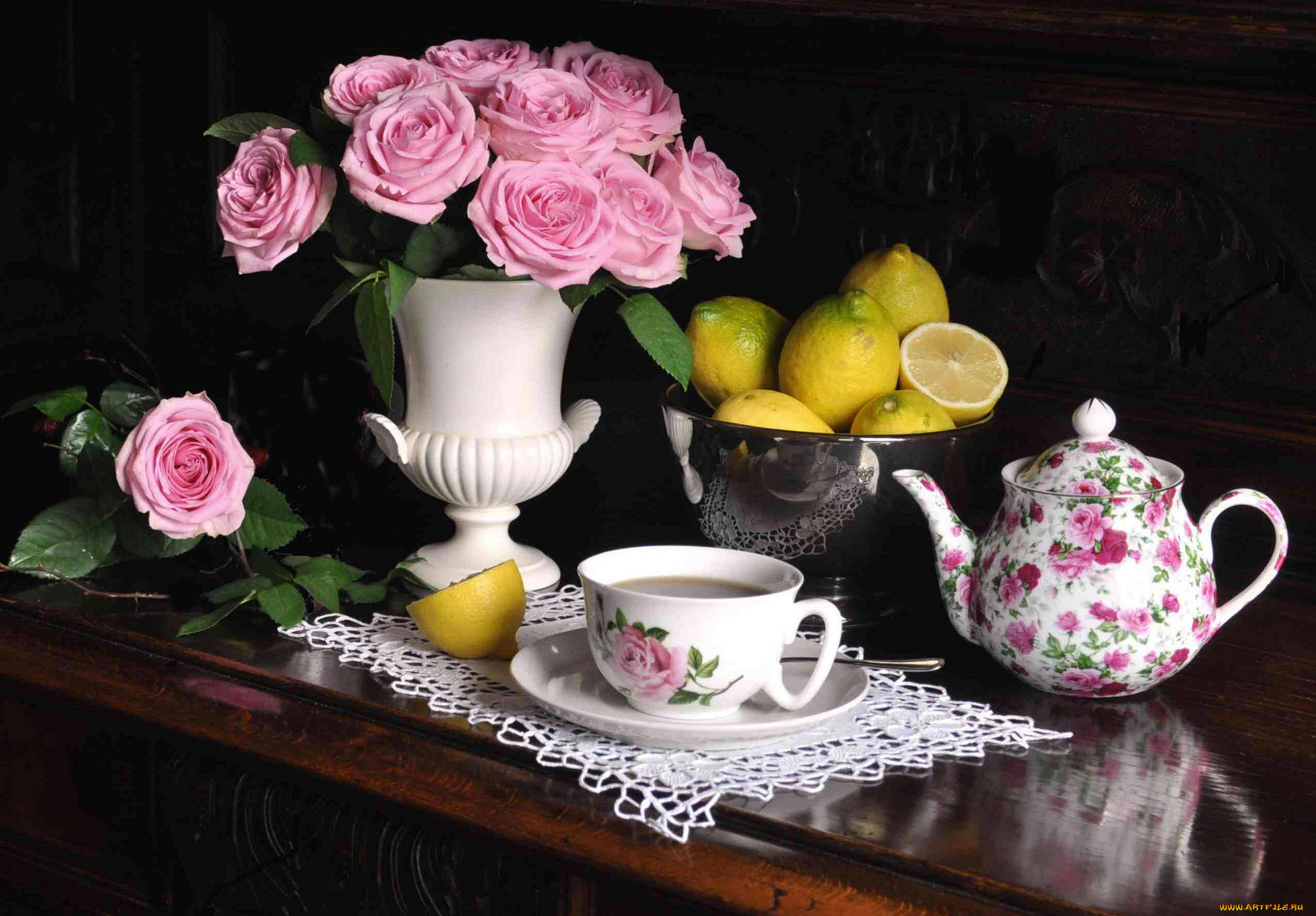 еда, натюрморт, цветы, чай, лимоны
