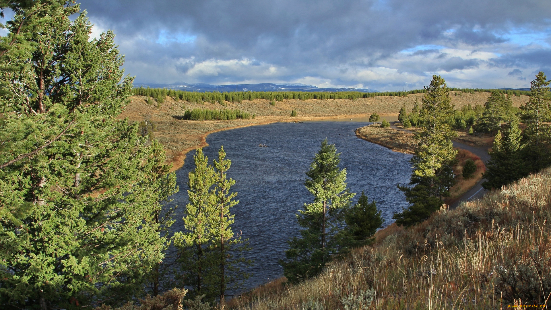 америка, природа, реки, озера, облака, водоем, ели, трава