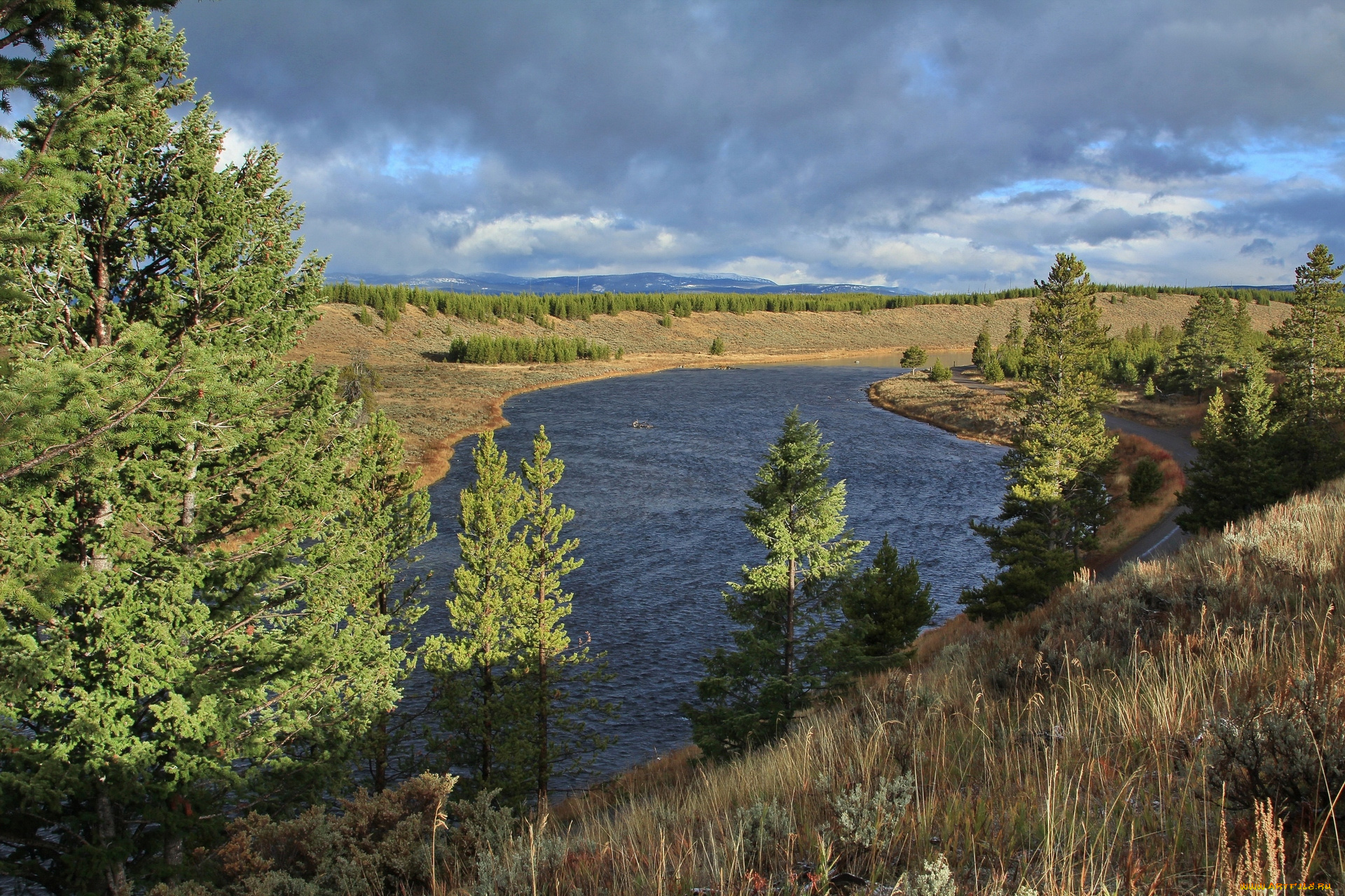 америка, природа, реки, озера, облака, водоем, ели, трава