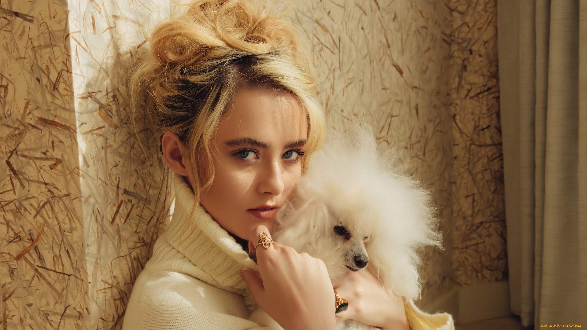 kathryn, newton, девушки, блондинка, лицо, свитер, собака