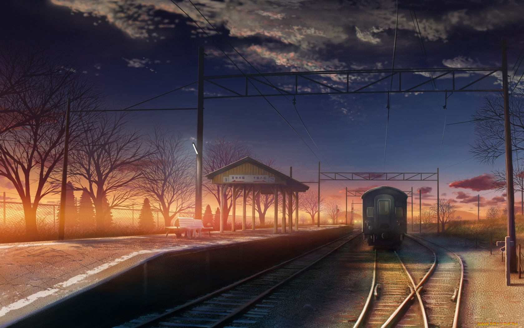 аниме, byousoku, centimeter, вечер, перрон, поезд, станция, закат, железная, дорога