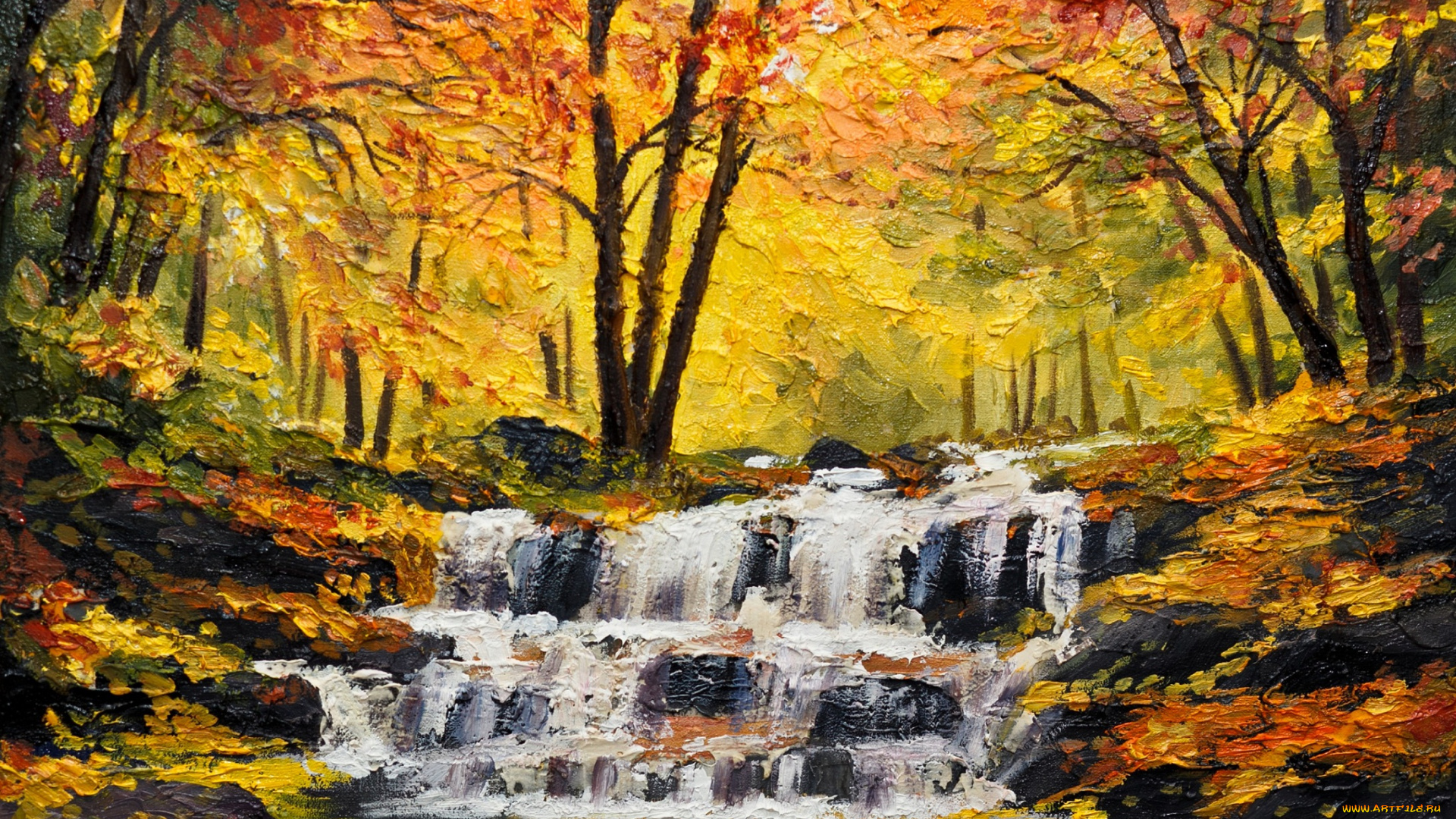 рисованные, живопись, осень, время, года, водопад, река, окрас, деревья, поток