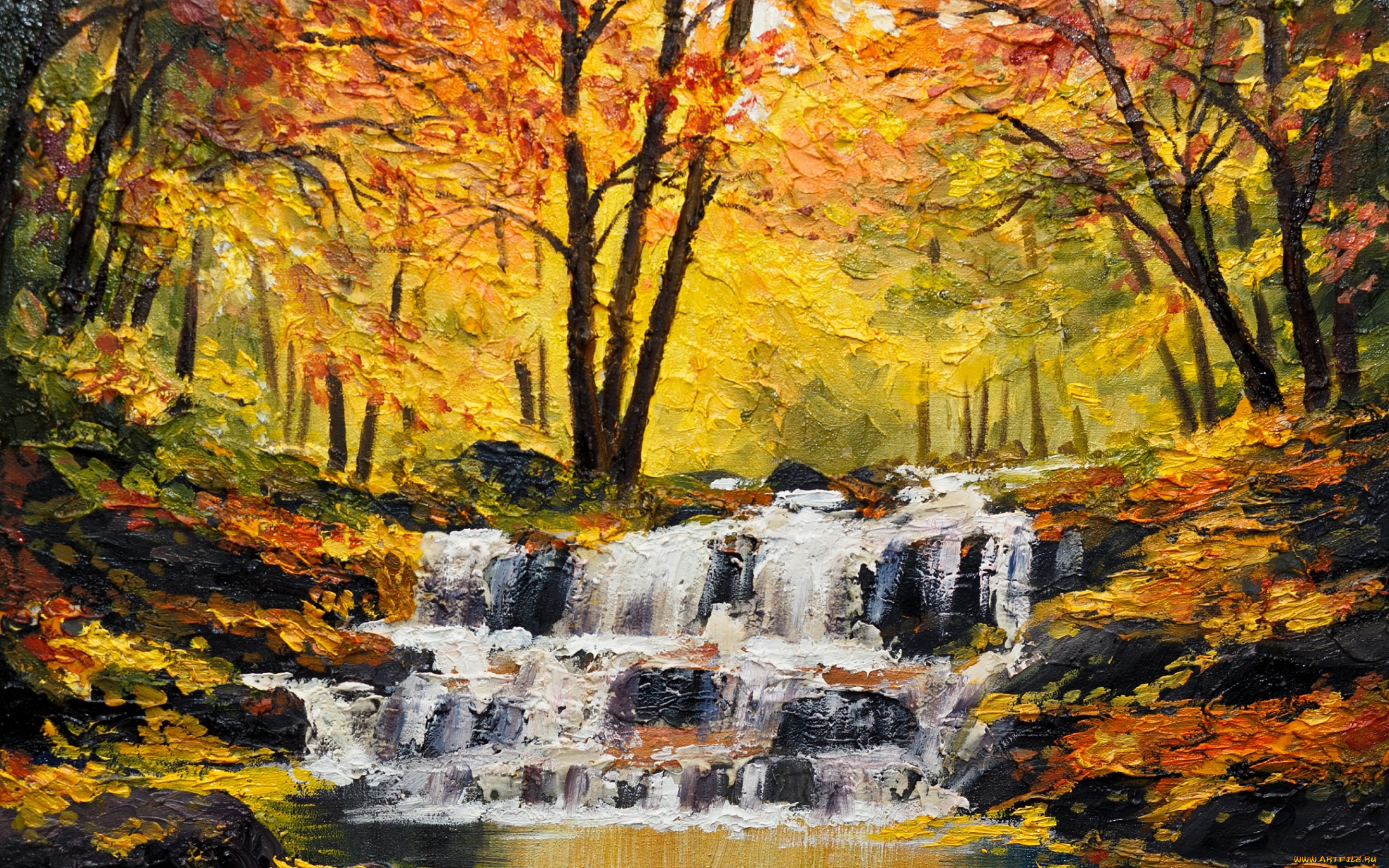 рисованные, живопись, осень, время, года, водопад, река, окрас, деревья, поток