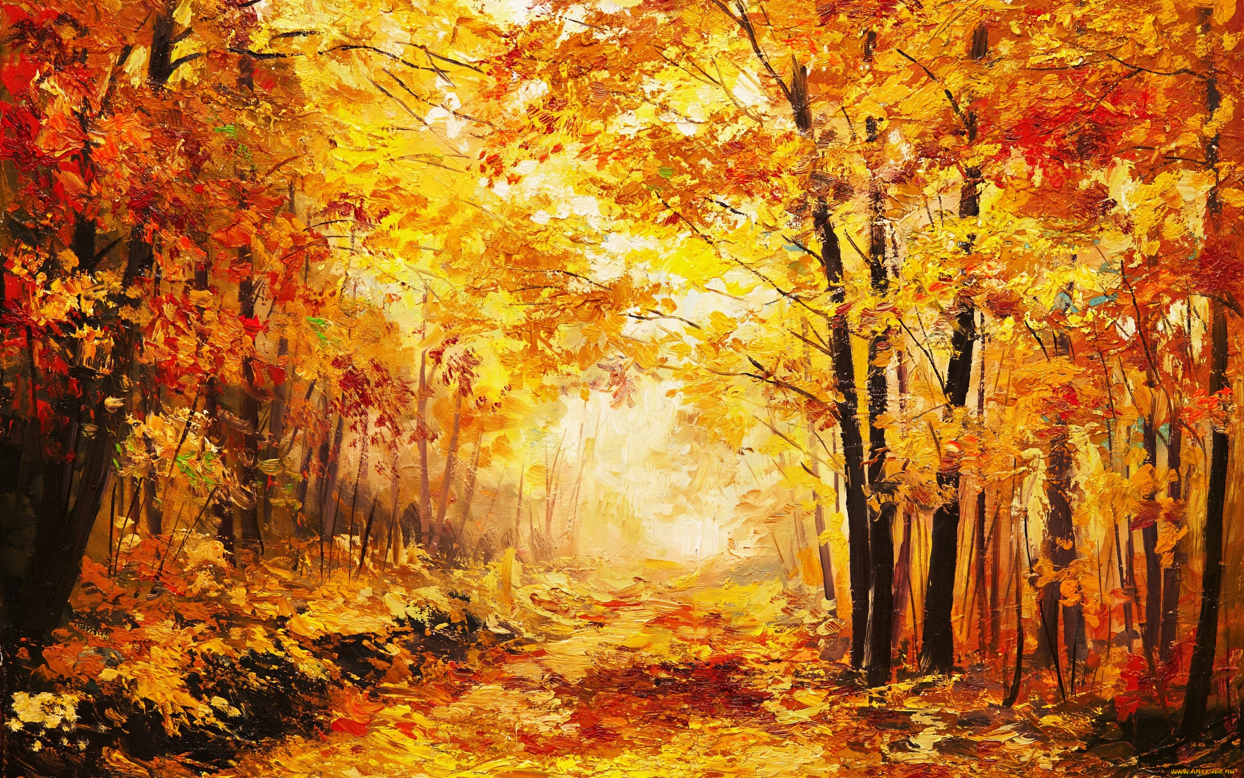 рисованные, живопись, окрас, деревья, осень, листья, время, года