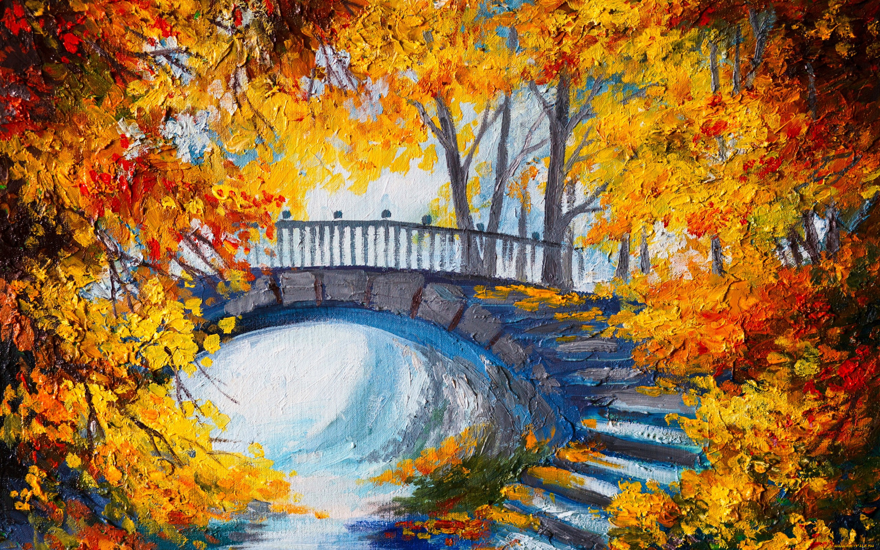 рисованные, живопись, seasons, ступеньки, мостик, окрас, время, года, осень, деревья, stairs, bridge, color, trees, autumn