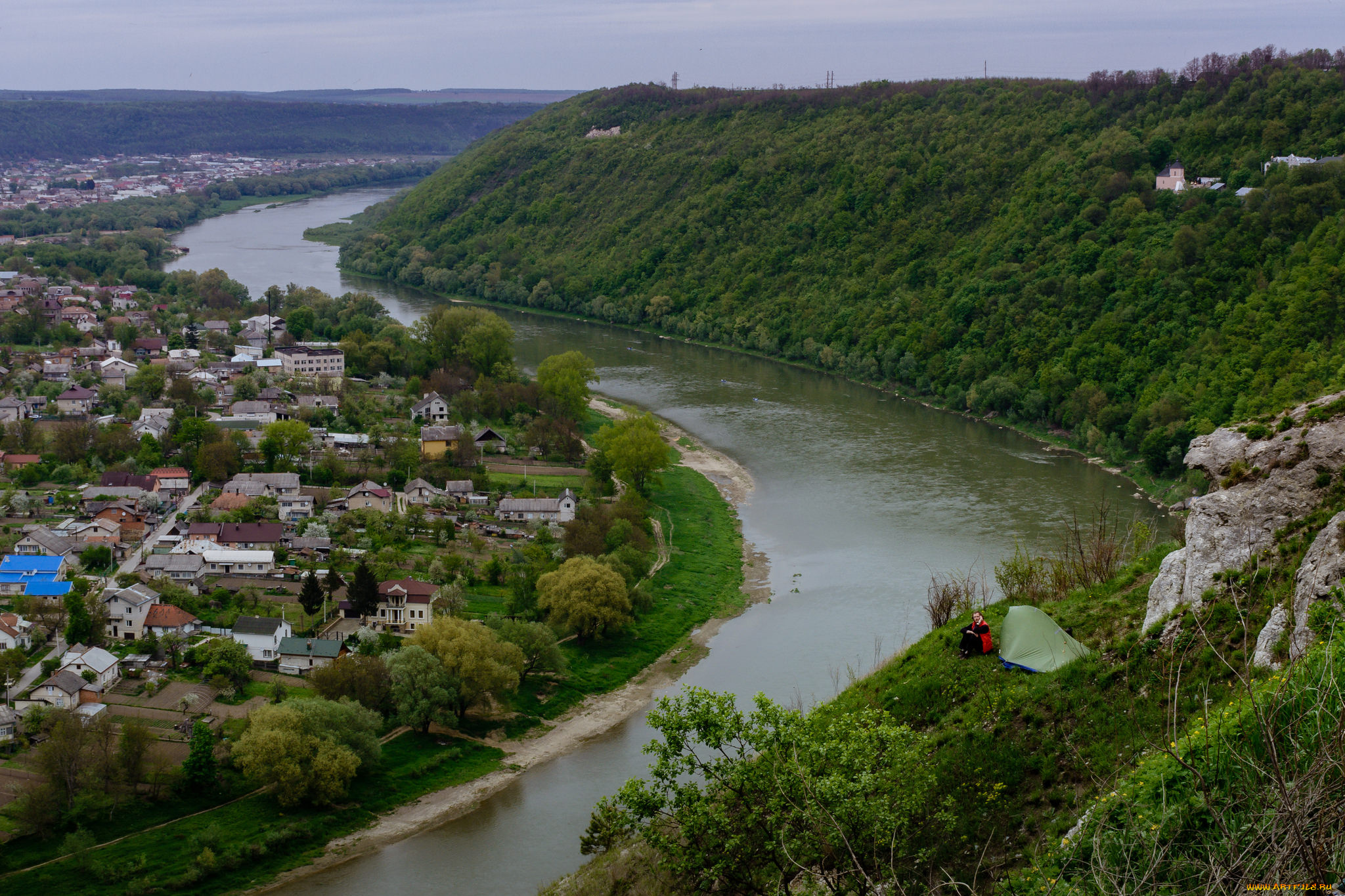 города, -, панорамы, лес, река