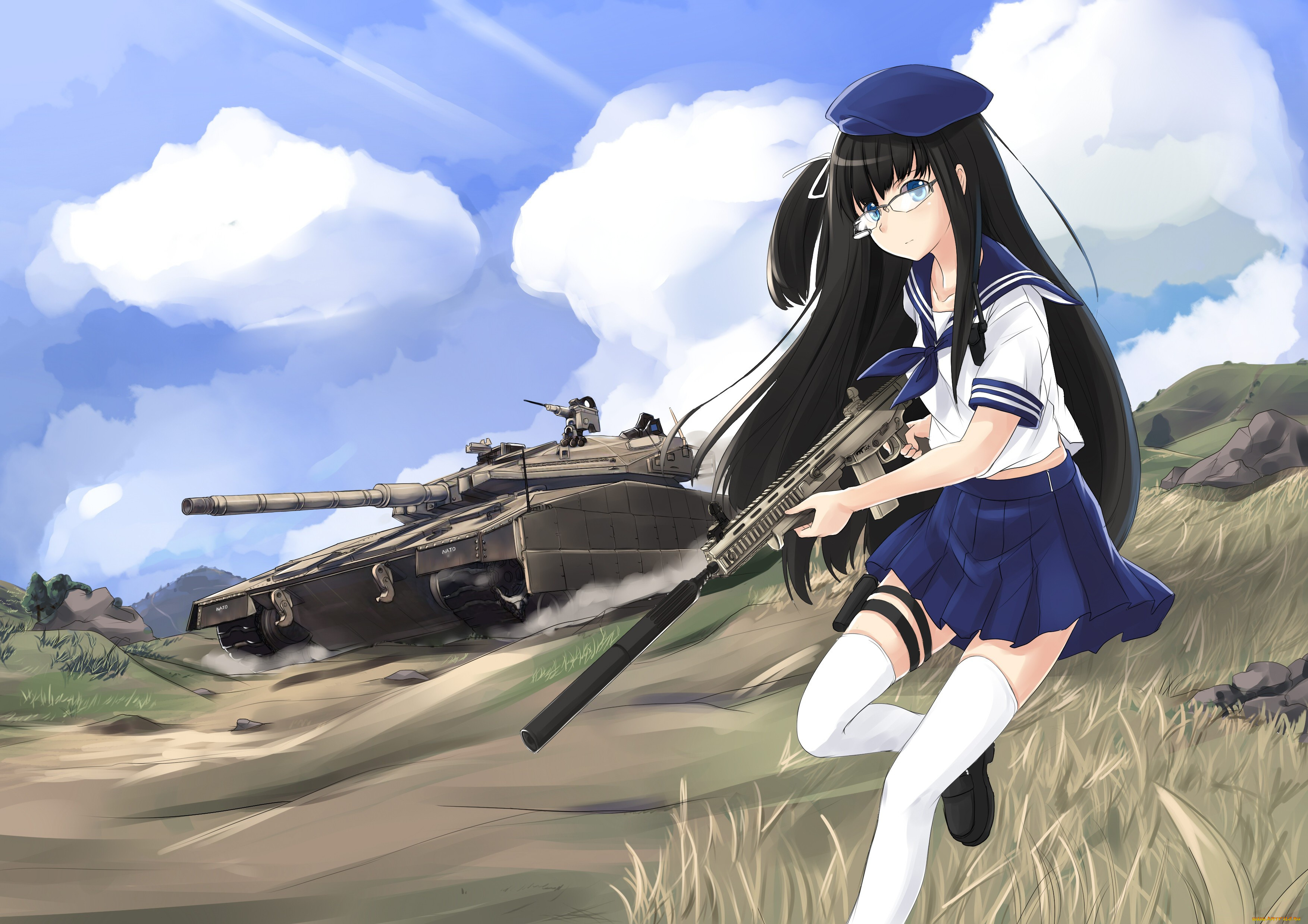 аниме, оружие, , техника, , технологии, girl, gun, weapon, anime, brunette, rifle, tank, japanese, seifuku