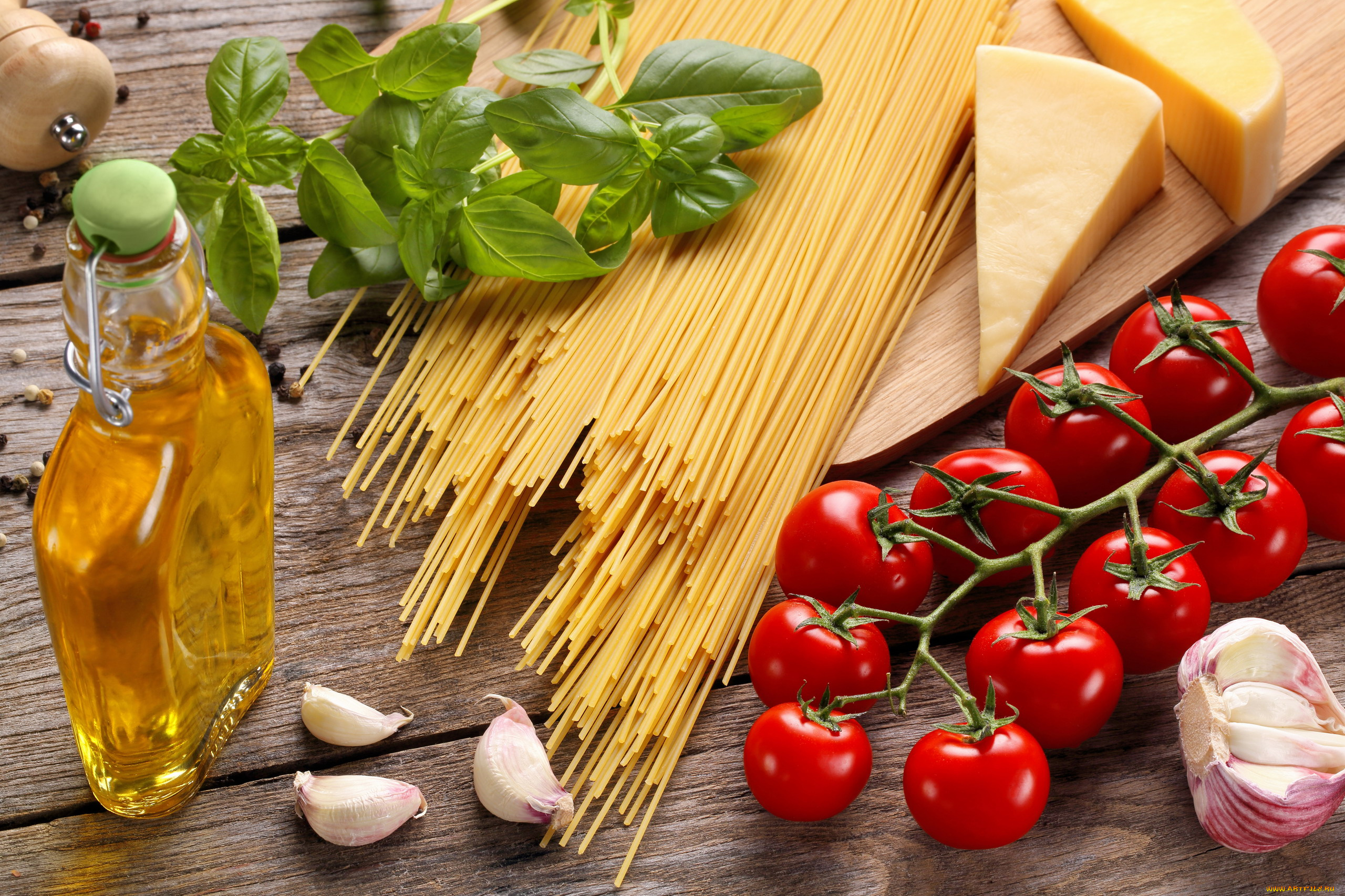 еда, разное, базилик, масло, спагетти, помидоры, сыр