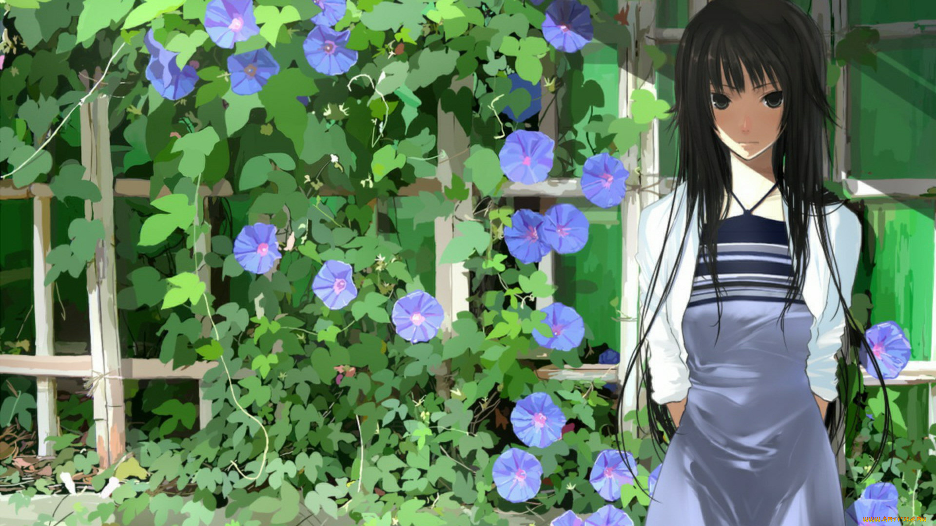 аниме, bakemonogatari, цветы, девушка, senjougahara, hitagi, растения, платье