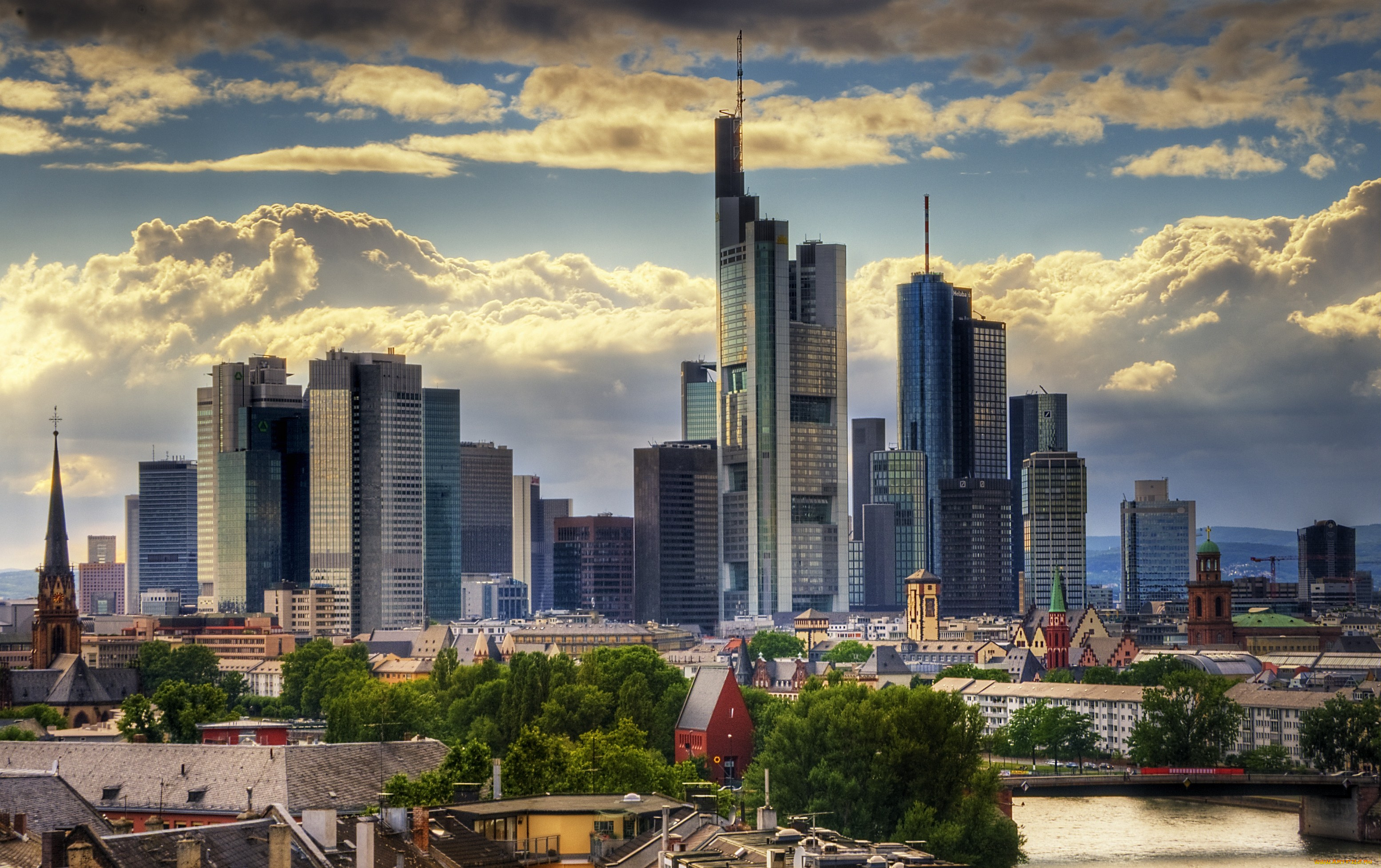 франкфурт, на, майне, германия, города, панорамы, небоскребы, облака