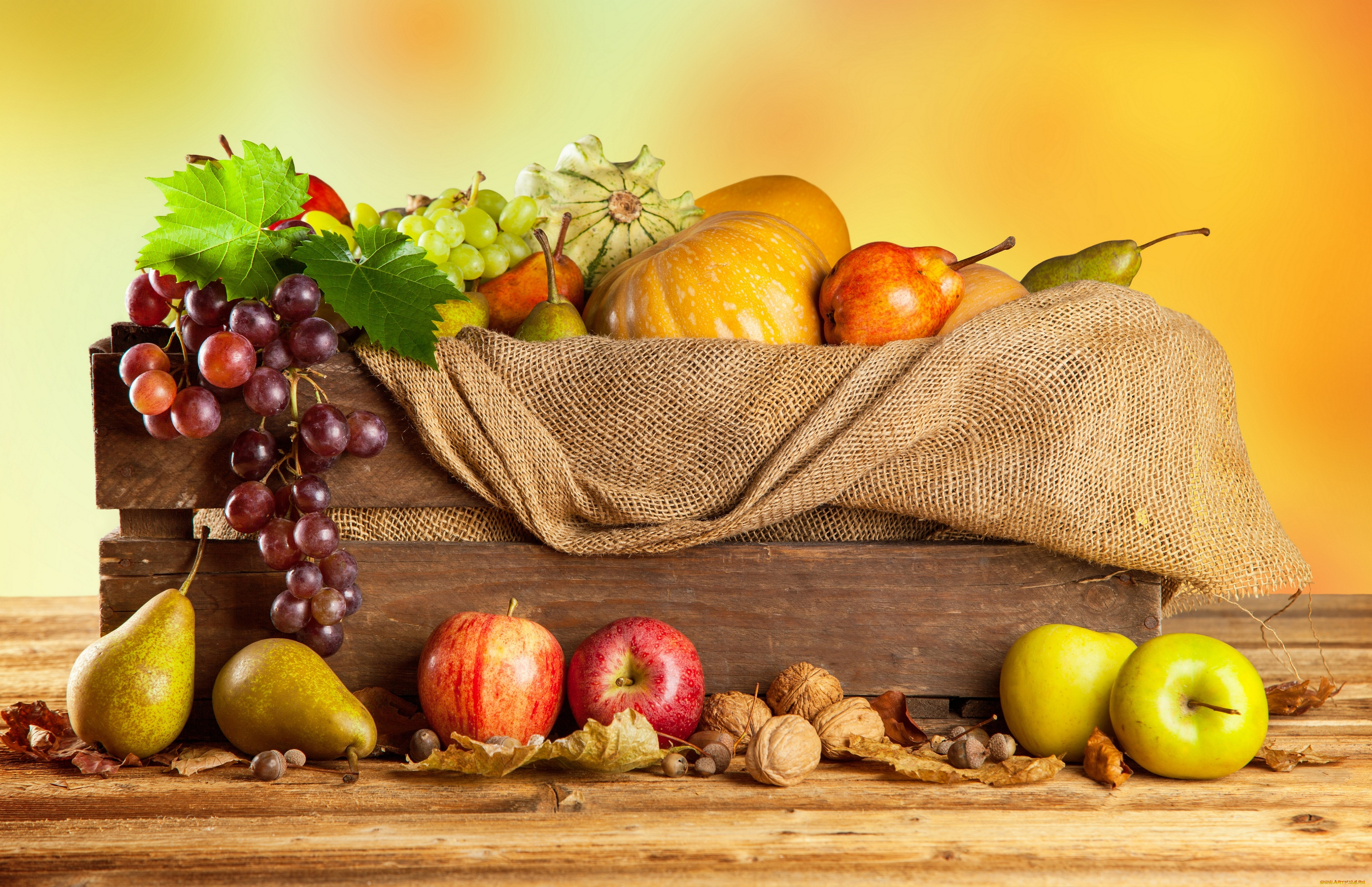 еда, фрукты, и, овощи, вместе, листья, орехи, виноград, груша, тыква, ящик