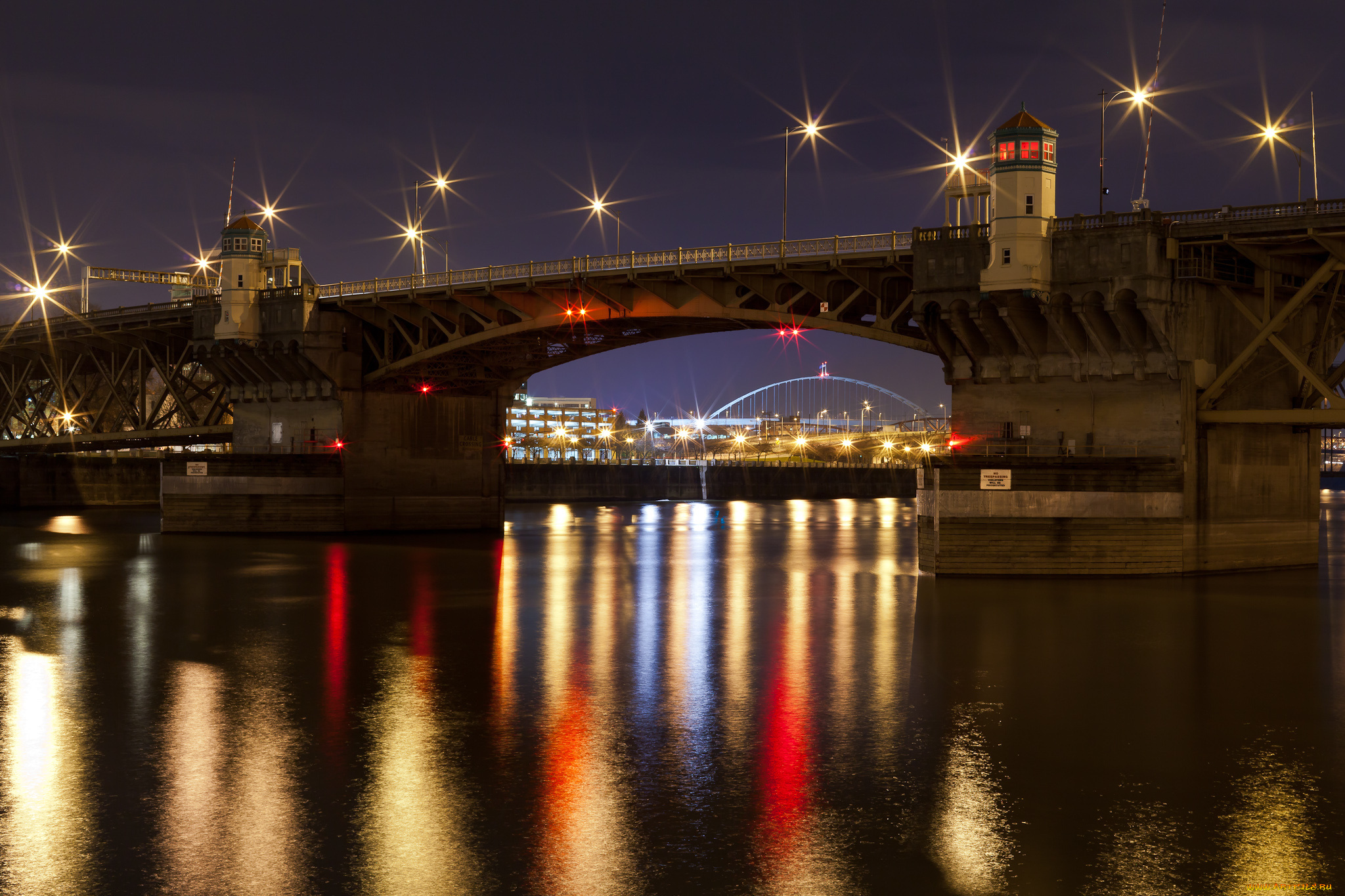 города, мосты, ночь, река, мост, огни, burnside, bridge, portland, oregon