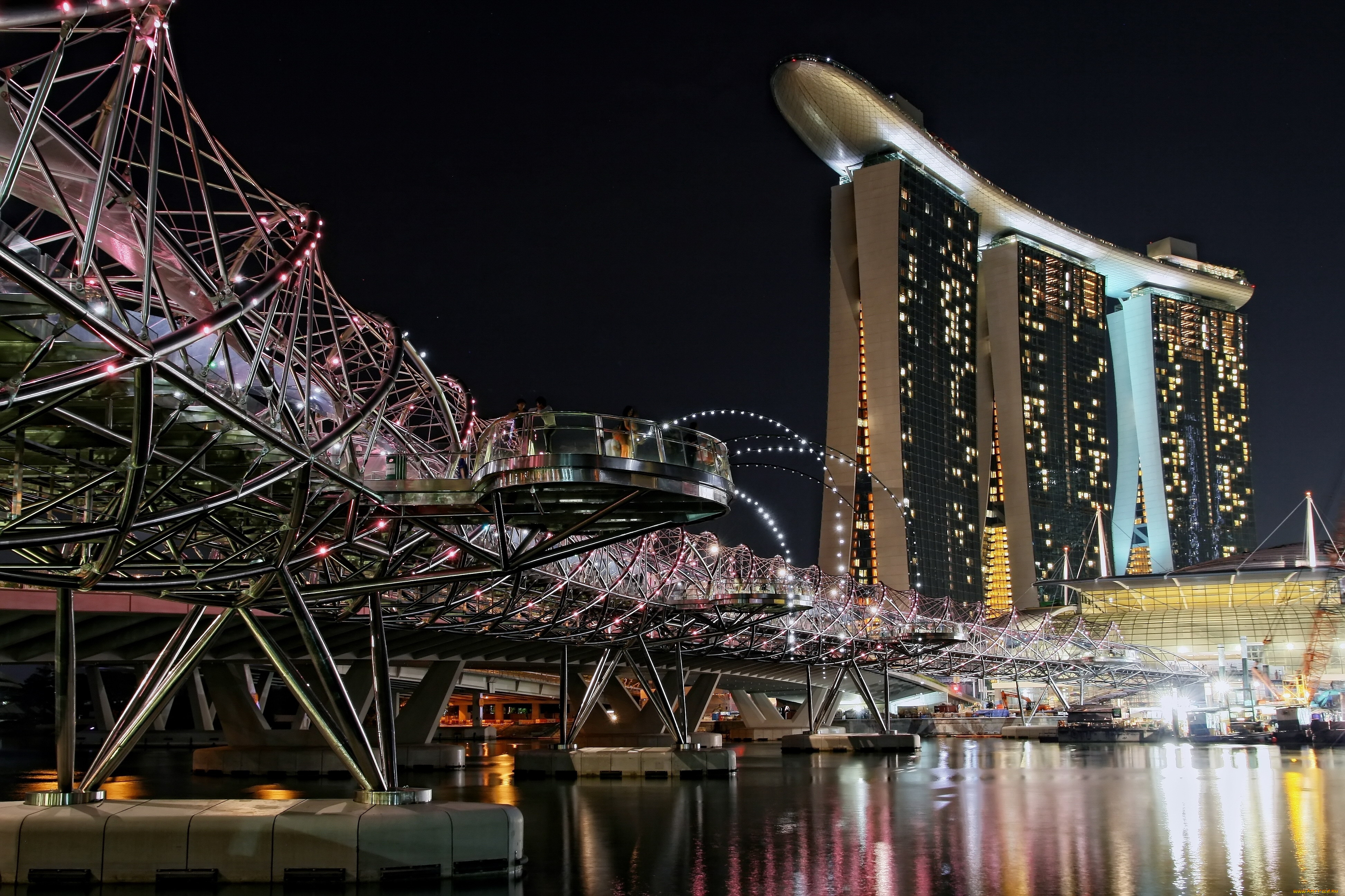 сингапур, города, мост, огни, город, ночь