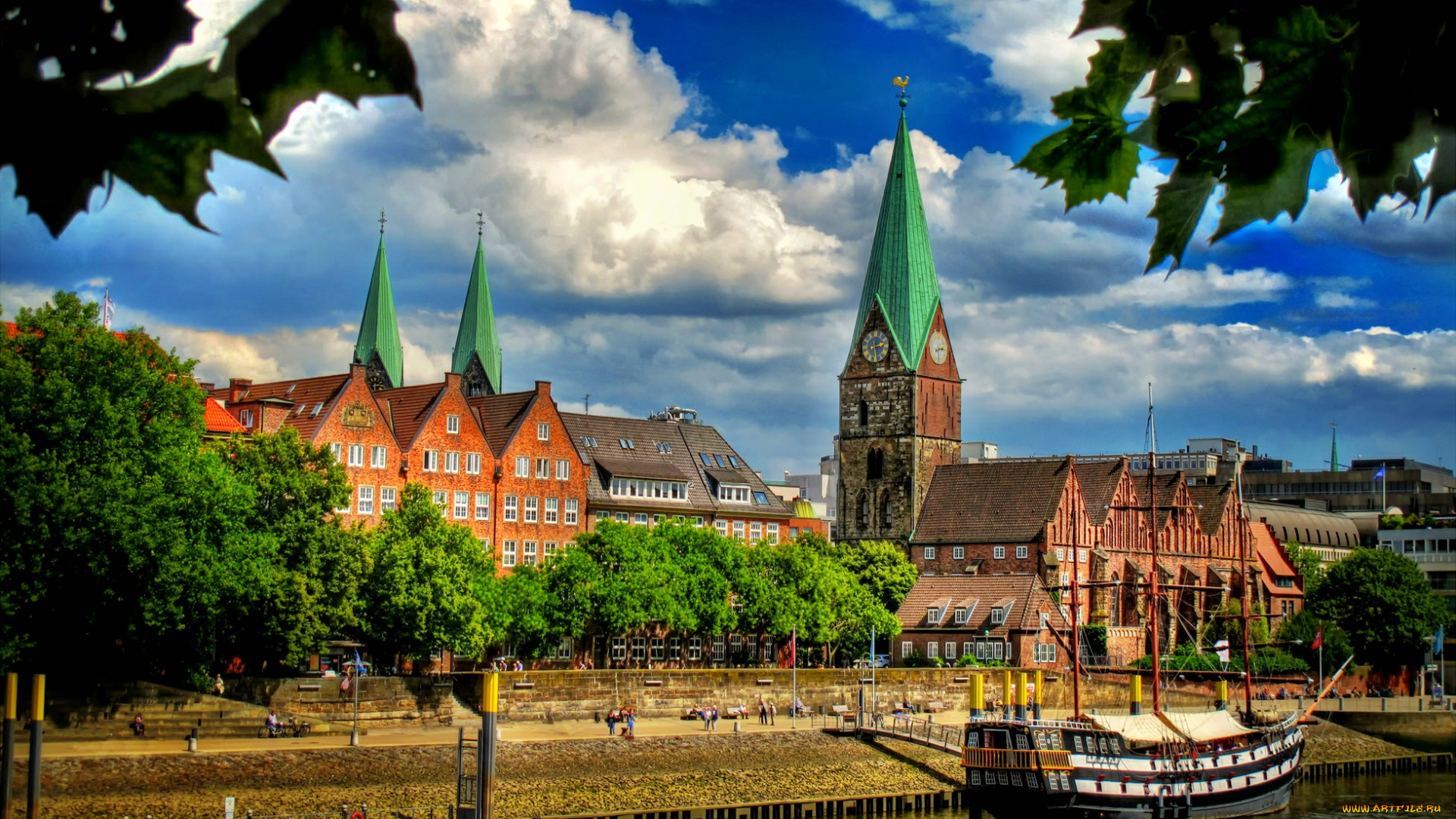 bremen, schlachte, st, martini, kirche, города, улицы, площади, набережные, шпили, ратуша, здания, корабль, река