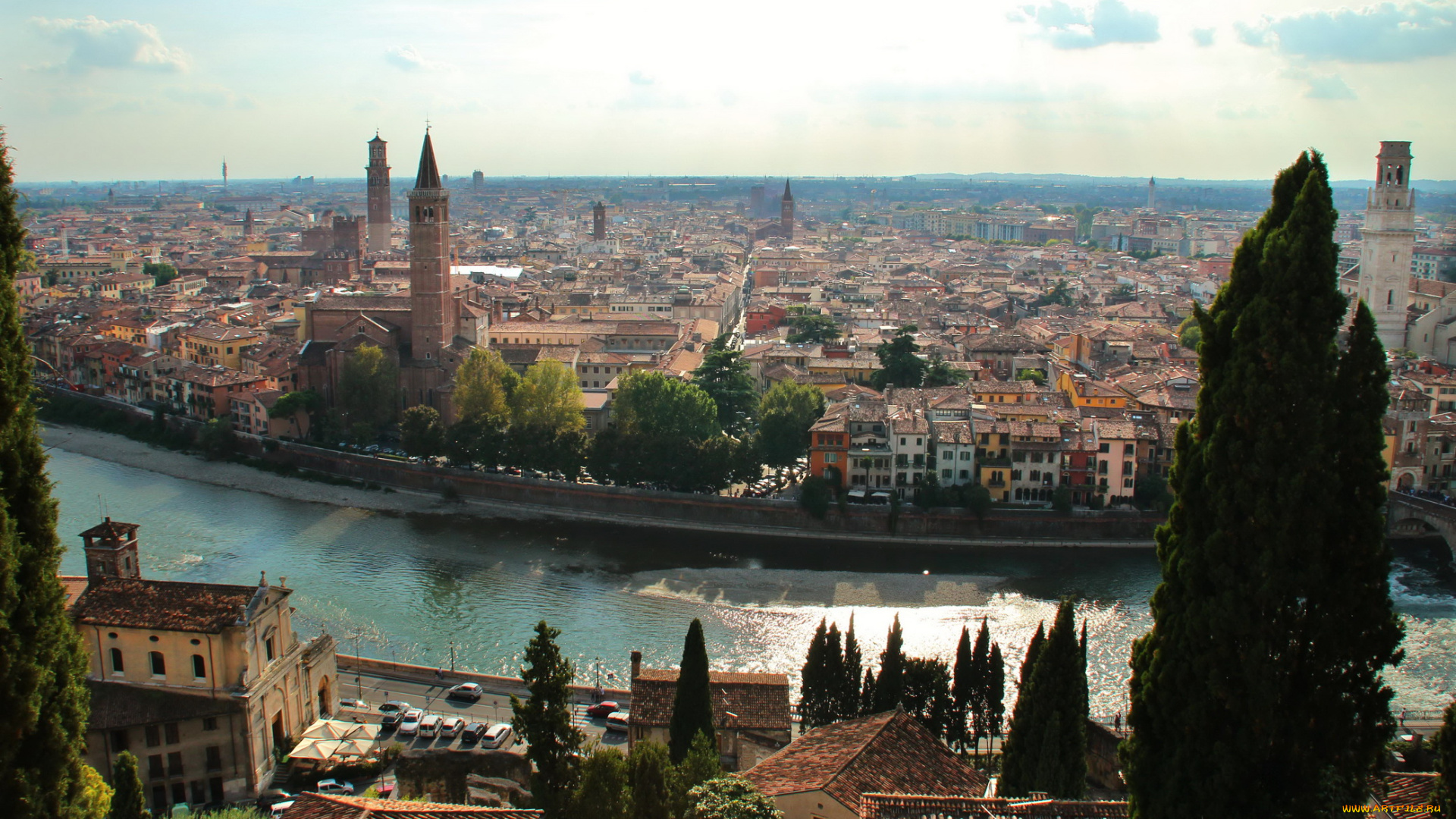 италия, верона, города, панорамы, панорама, река, дома, венето