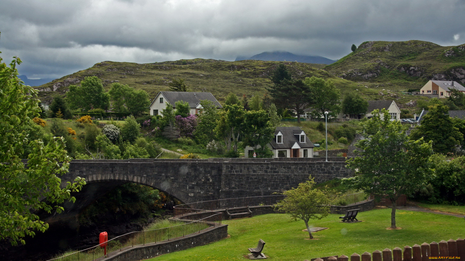 poolewe, scotland, города, пейзажи, пейзаж, деревья, поля, дома