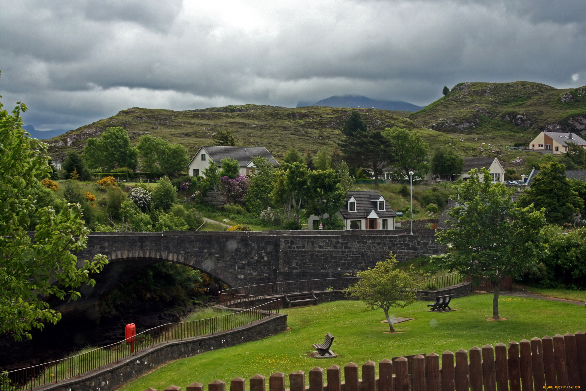 poolewe, scotland, города, пейзажи, пейзаж, деревья, поля, дома