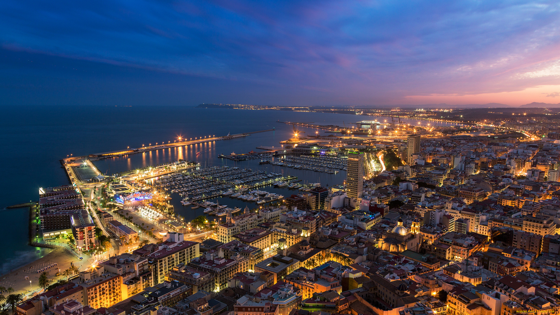 alicante, twilight, города, -, огни, ночного, города, огни, побережье