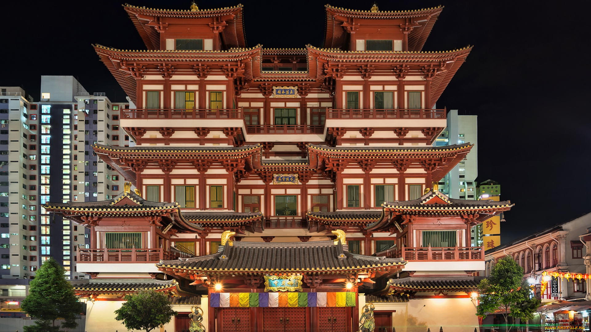 chinatown, singapore, города, сингапур, , сингапур, ночь, пагода
