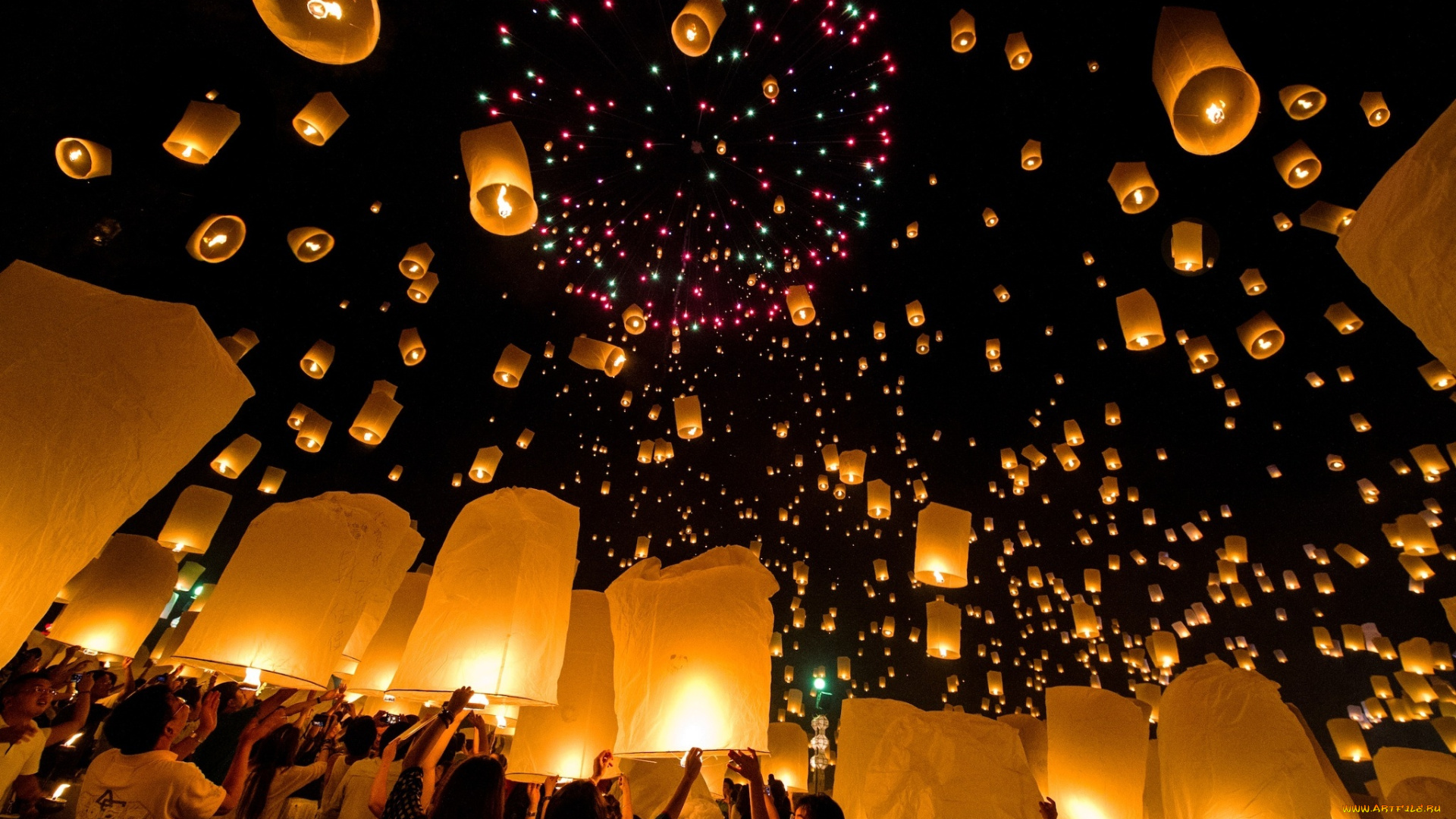 разное, -, другое, floating, lanterns, фонарики, ночь, thailand, loi, krathong, festival, праздник