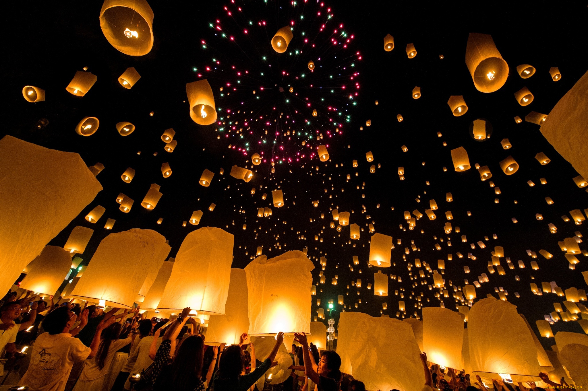 разное, -, другое, floating, lanterns, фонарики, ночь, thailand, loi, krathong, festival, праздник