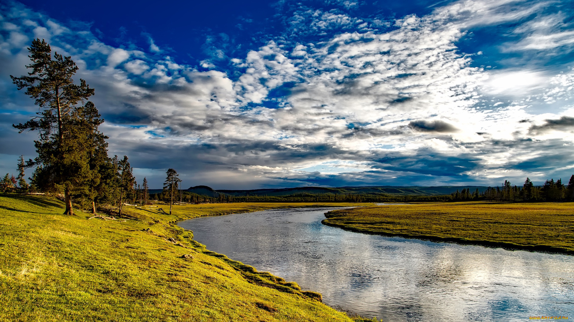 природа, реки, озера, облака, река, деревья, firehole, river, небо, wyoming, yellowstone, national, park