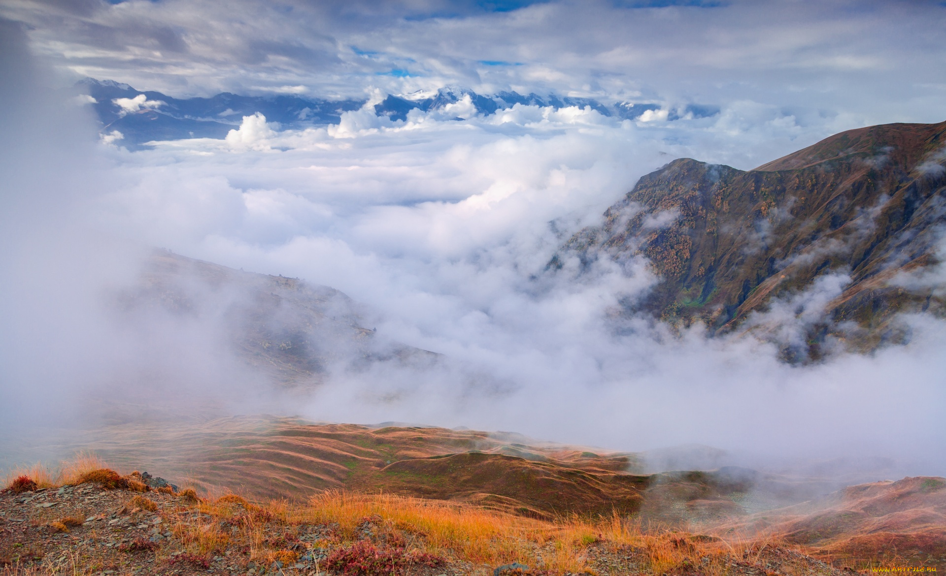 верхняя, сванетия, , грузия, природа, горы, луга, туман, облака